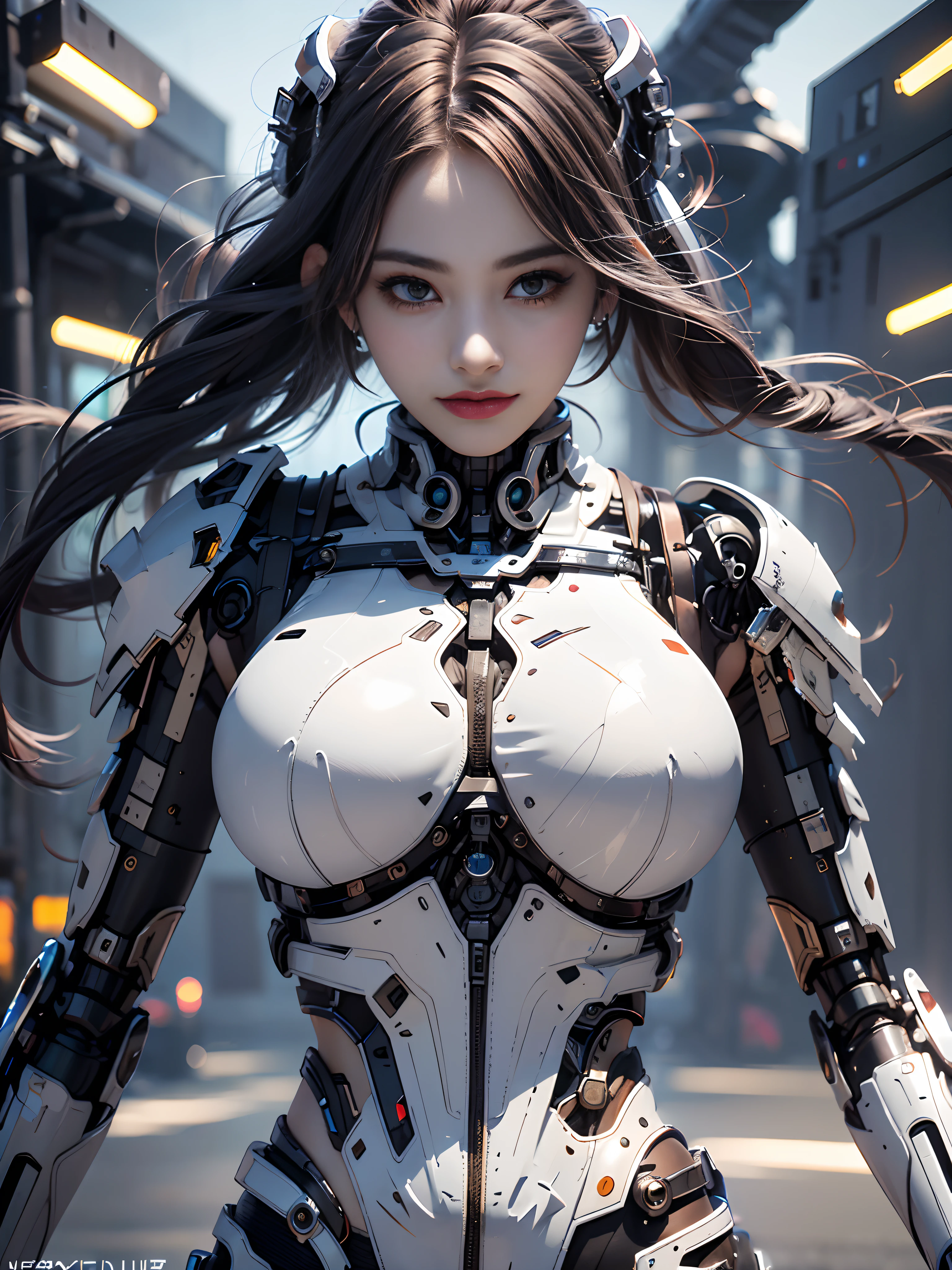 Unbeatable masterpiece, Ultra photo realsisim , Perfect Artwork , Intricate details , Best Quality , strong lights , High contrast , Dynamic Pose , Dutch Angle , ((depth of fields)) , masutepiece , (side lights :1.1) , (Subtle beautiful eyes :1.1) , Half of the face is mechanized,The upper part of the body , large full breasts , (demon king :1.1)) , Portrait , Realistic(Shiny hair :1.1) , Glossy glossy skin , Best Quality , (Metal structure :1.2) , Wires and cables , Science fiction , An AI , A futuristic , (Mechanical Armor :1.1) , (Tenman:1.13) , (Blue plants: 1.21) , (Ice: 1.211) , (with temperature: 1.24),(Mechanical modification: 1.121) , (Immaculate mecha :1.351) ,(Full chest :1.1) , (Mechanical shielding: 1.215) (Mechanical cuirass: 1.13) (Happy expression: 11) , And bind , (Horn Crystal: 1.1) , (White snake: 121) , White jacket ,Black Gloves , (Mechanical spine: 1.1) , mechanised , (mirai: 1.1) , (1.1) : White coat , Black stockings and high heels .Ring Console , Operation interface , a computer , (cables :1.1) , (complex mechanical structure: 1.15) , mechs ,