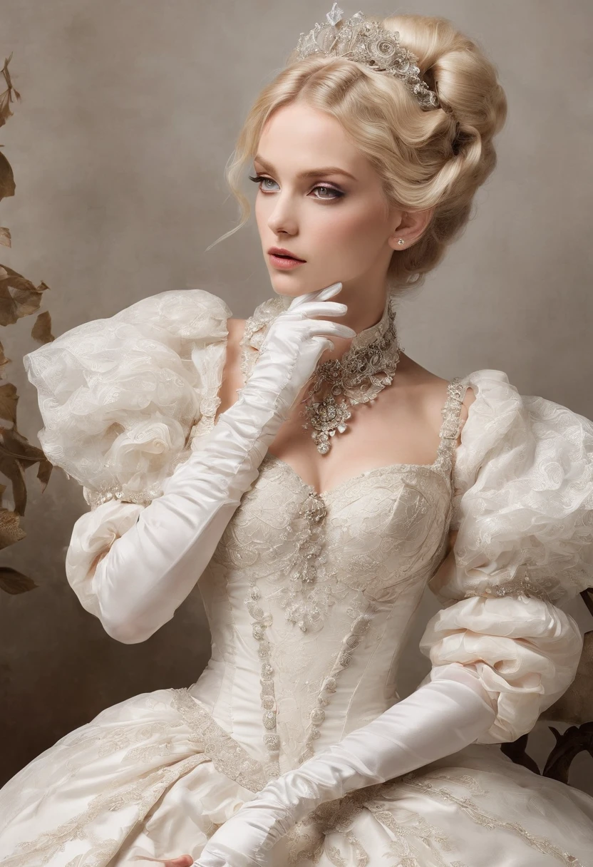 A stunningly beautiful blonde fairytale Princess shining con Royal Pomp y Regal Splendor, wearing a Stately y (((Elaborar))) Royal Cinderella Ballgown of Silver y White Brocade, con (((enormes mangas abullonadas))) un hueso rígido, padded y corseted bodice, una cintura de reloj de arena, a (((enorme falda de crinolina))) y (((bullicio))), adorned con ribbons, arcos, rosas, cordón, volantes, volantes, bordado, y jewels, elaborately curled y styled hair, guantes blancos largos, pearl y diamond neckcordón y earrings