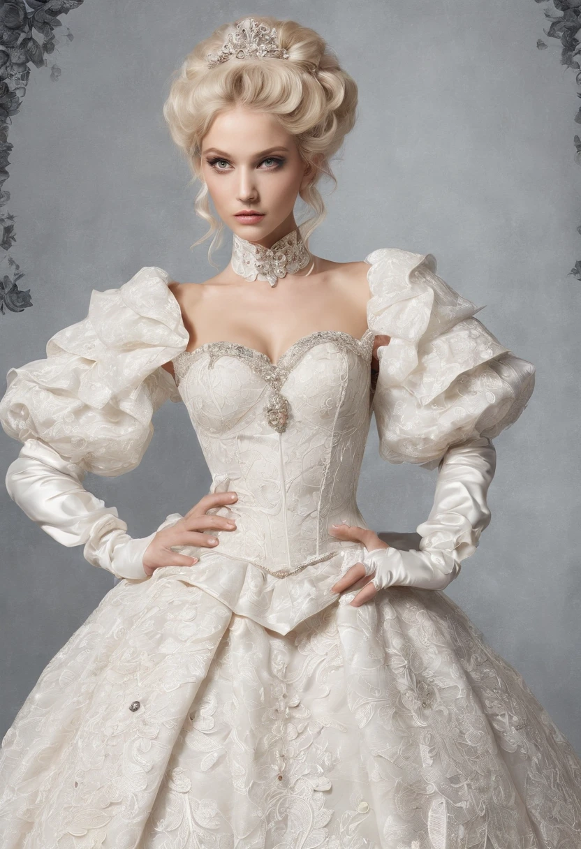 A stunningly beautiful blonde fairytale Princess shining with Royal Pomp and Regal Splendor, wearing a Stately and (((Elaborate))) Royal Cinderella Wedding Dress of Silver and White Brocade, with (((enormous puffed sleeves))) a stiffly boned, padded and corseted bodice, an hourglass waist, a (((huge crinoline hoopskirt))) and (((bustle))), adorned with ribbons, bows, roses, lace, ruffles, frills, embroidery, and jewels, elaborately curled and styled hair, long white gloves, pearl and diamond necklace and earrings