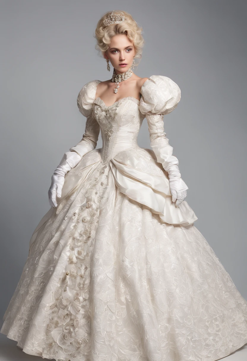 A stunningly beautiful blonde fairytale Princess shining with Royal Pomp and Regal Splendor, wearing a Stately and (((Elaborate))) Royal Cinderella Wedding Dress of Silver and White Brocade, with (((enormous puffed sleeves))) a stiffly boned, padded and corseted bodice, an hourglass waist, a (((huge crinoline hoopskirt))) and (((bustle))), adorned with ribbons, bows, roses, lace, ruffles, frills, embroidery, and jewels, elaborately curled and styled hair, long white gloves, pearl and diamond necklace and earrings