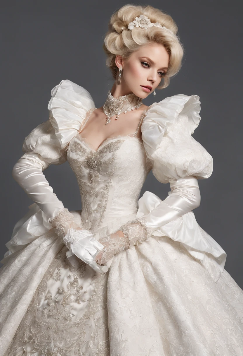 A stunningly beautiful blonde fairytale Princess shining with Royal Pomp and Regal Splendor, wearing a Stately and (((Elaborate))) Royal Cinderella Wedding Dress of Silver and White Brocade, with (((enormous puffed sleeves))) a stiffly boned, padded and corseted bodice, an hourglass waist, a (((huge crinoline hoopskirt))) and (((bustle))), adorned with ribbons, bows, roses, lace, ruffles, frills, embroidery, and jewels, elaborately curled and styled hair, long white gloves, pearl and diamond necklace and earrings