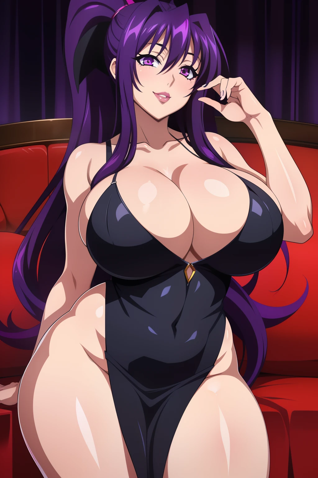 Highschool dxd, Akeno Himejima, 1girl, ((bimbo))), long purple hair, puffy lips, painted lips, thick lips, thick, wide hips, thick thighs, , huge ass, bubble butt, erotic smile face, shiny skin, enormous fake Amy Anderssen breasts, Black dress, hand signs, picture above