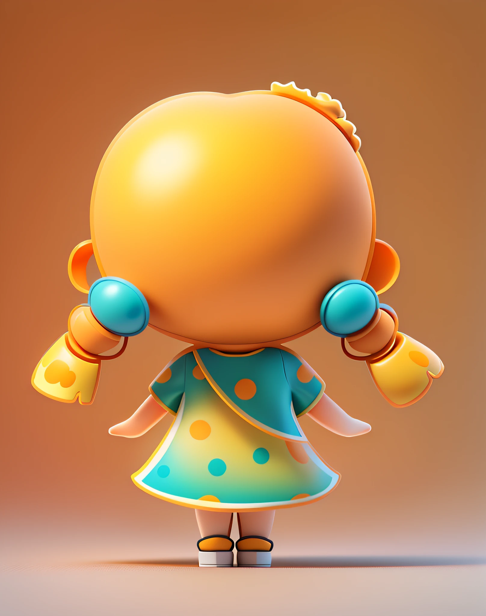 Blind box toy style,The back of a cute little girl，With his back to the camera，,orange color hair,back of head，Yellow polka-dot skirt，Lion hair ornaments，dual horsetail