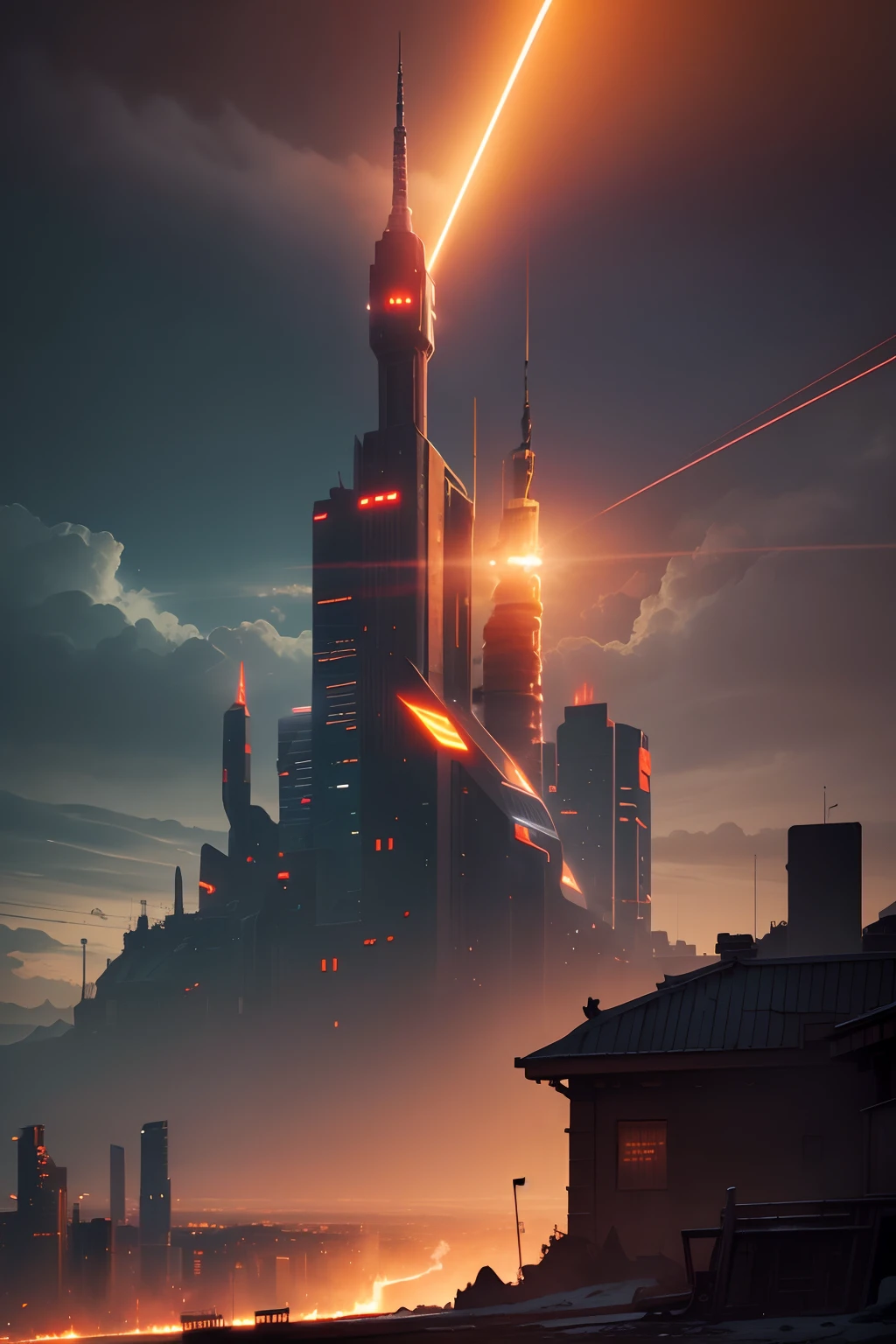 Thoughtful City, Battle Hero, Destroyer, Gunsmoke Regeneration, Dark Orange, Pointed, Shiny, Star, Armageddon, Grand Plan, Cinema Glow, Flow, Ultra Wide Angle, Best Quality, 8k