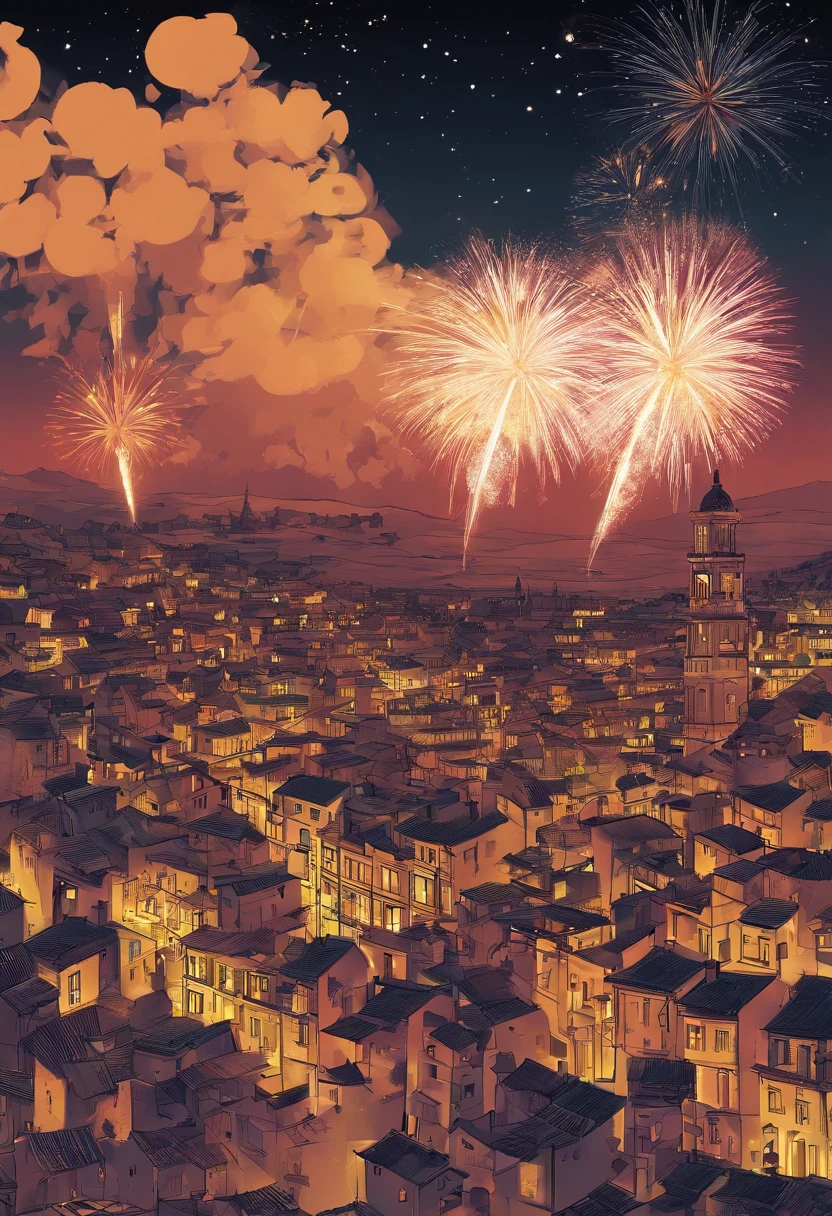 pueblo, gente de fondo con bastones, fondo muy detallado, cara guapa, obra maestra, calidad ultra, fuegos artificiales, pueblo, fiestas, Castellón de la Plana, pueblo rural de fondo, catedral de fondo, gente bailando de fondo, Cartel A2, estilo realista, graphic design, colores verdes, noche iluminada por fuegos artificiales, reflejos, fondo extremadamente detallado, mejor calidad, muy detallado, obra maestra