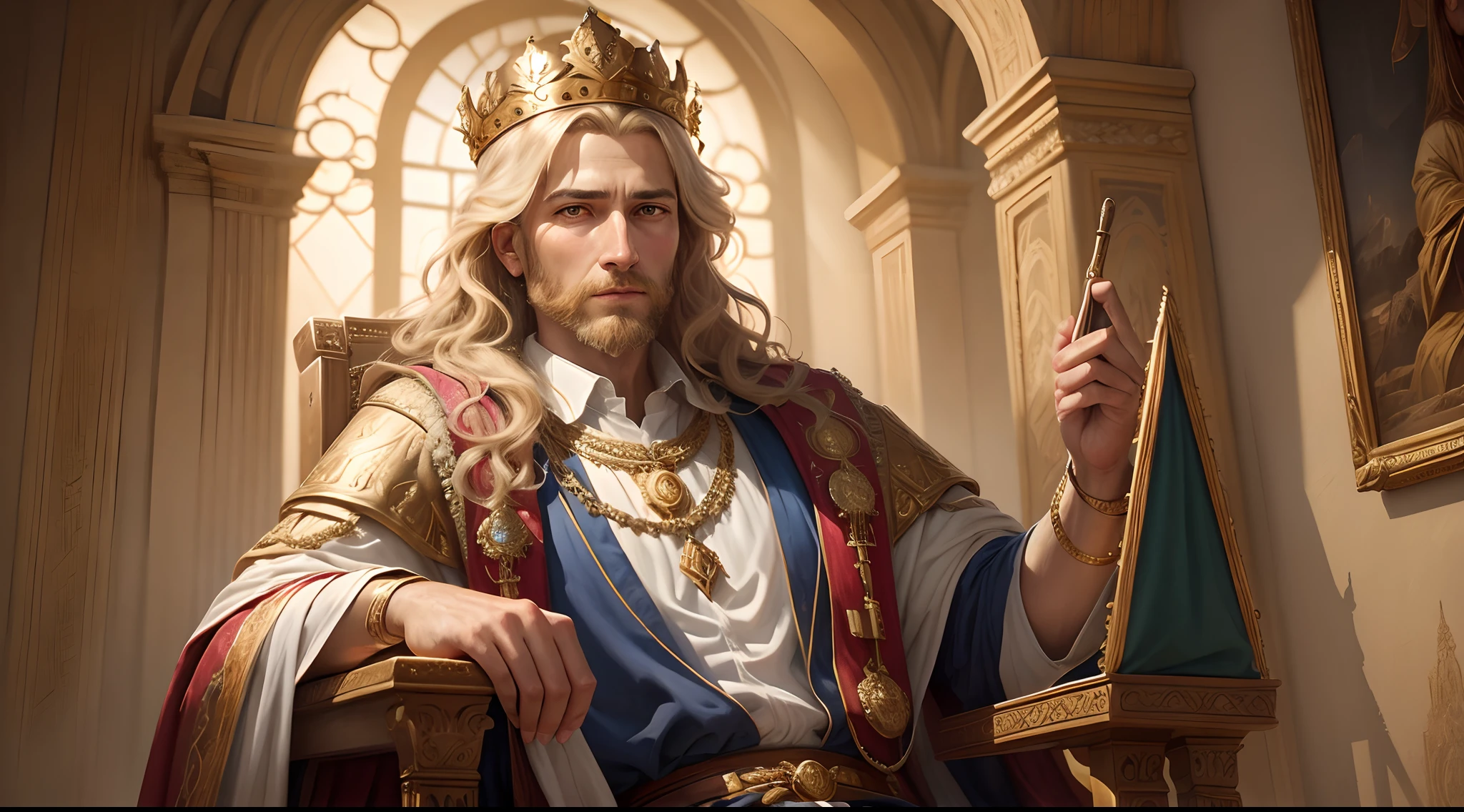 (realistic, biblical time), King David, detailed portrait, crown, royal robe, majestic background, ancient city, golden light, wise expression, historical accuracy, oil painting, intricate brushwork, vibrant colors