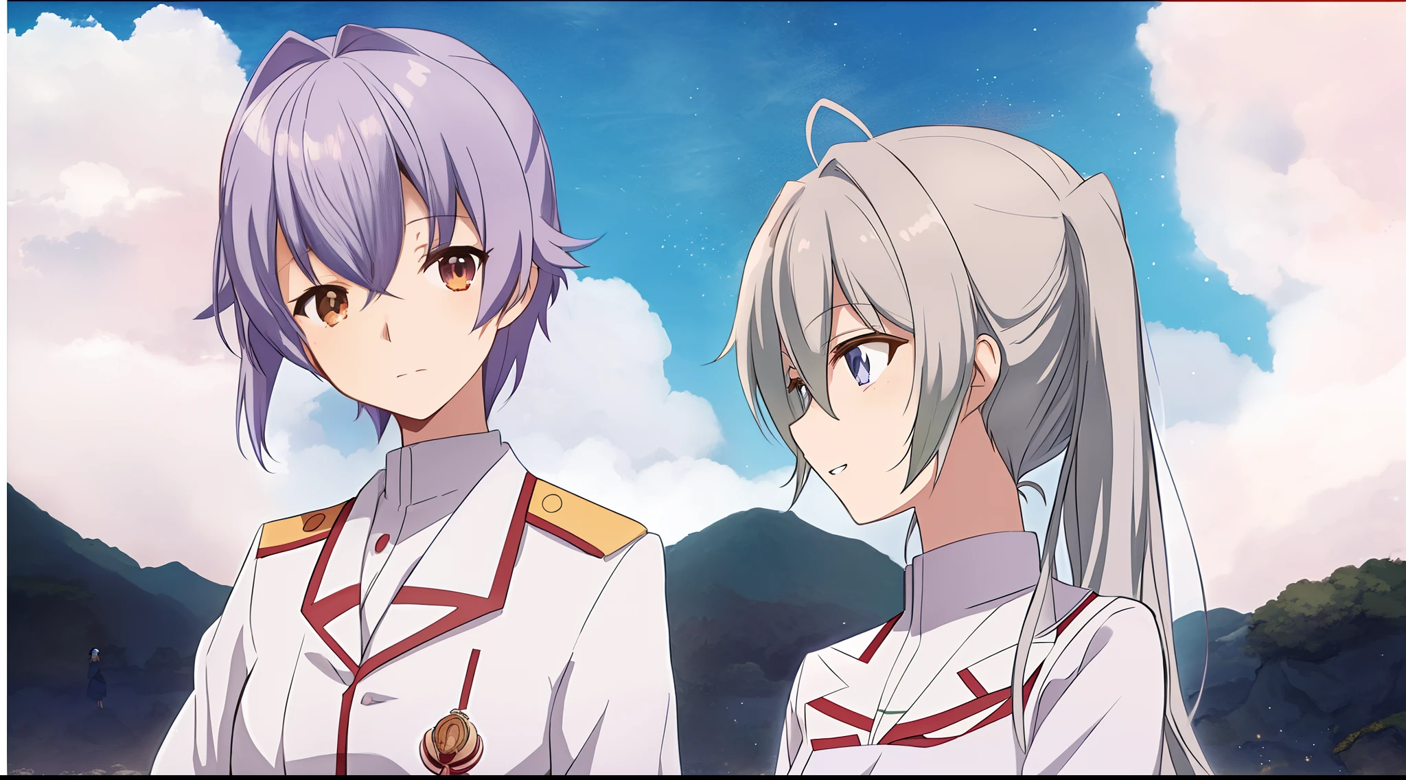 Anime image of two girls in uniform standing side by side, two anime handsome men, still from tv anime, Today's featured anime stills, Kantai collection style, screenshot from a 2012s anime, in style of kyoto animation, animated still, screenshot from the anime film, cel shaded anime, kaworu nagisa, An anime cover