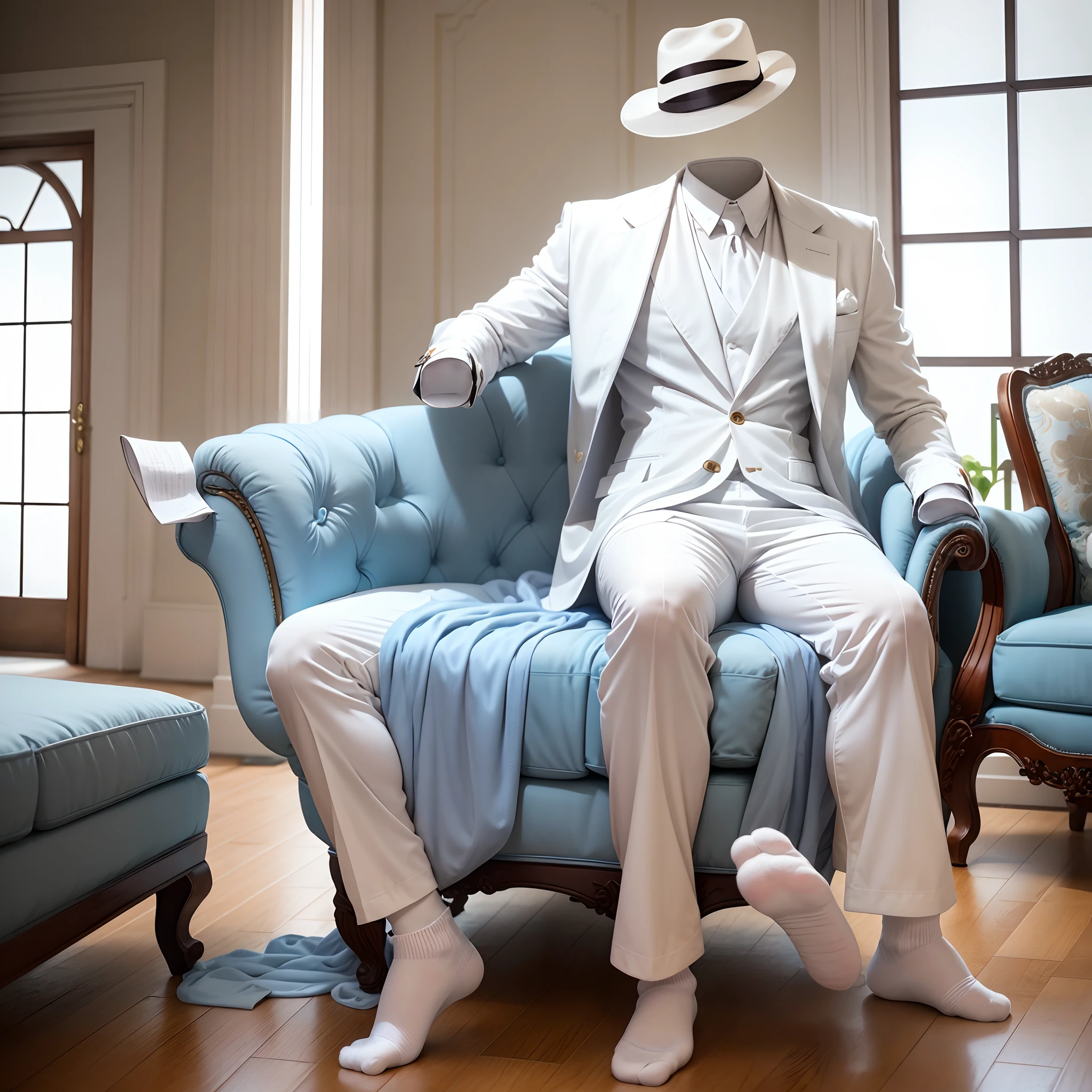 photo, best quality, 1male, indoor, room, Couch, man in white tuxedo, white socks, Turn the soles of your feet toward us, silk hat, mature male, invisible,