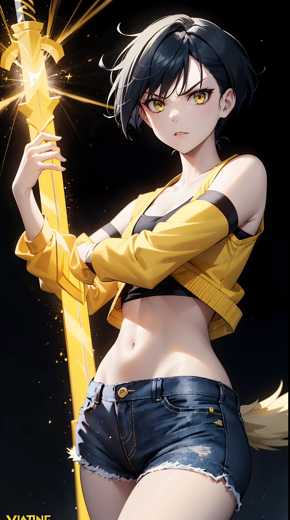 Woman, fight pose, Baddas stare,Hold a yellow sword with a yellow lightning emblem, yellow short wispy Pixie hair, yellow eyes, yellow short shirt, black hotpants jeans, black Jacket sweater ,In the middle of the shirt there is an omega symbol,HD lighting and dark )<=(epic image quality)dark atmosphere with bright particle light(many effects in background)