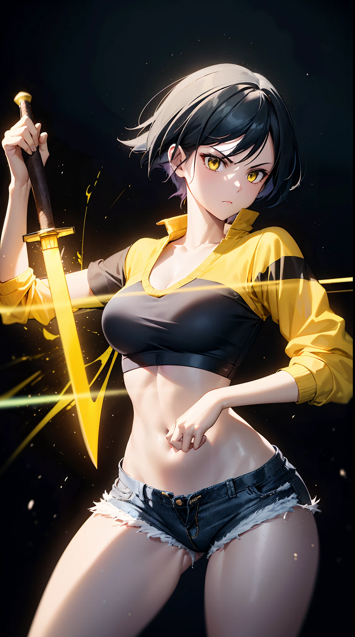 Woman, fight pose, Baddas stare,Hold a yellow sword with a yellow lightning emblem, yellow short wispy Pixie hair, yellow eyes, yellow short shirt, black hotpants jeans, black Jacket sweater ,In the middle of the shirt there is an omega symbol,HD lighting and dark )<=(epic image quality)dark atmosphere with bright particle light(many effects in background)