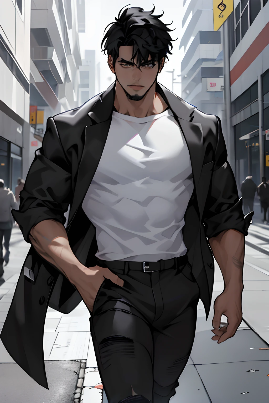 1child, [Antecedentes detallados (campus, universidad, biblioteca)], cabello negro, Cabello OSCURO, Pelo negro corto, Peinado coreano, Peinado limpio, Hombre delgado y musculoso, macho alfa, masculino masculino, macho alto ((Hombre viste un traje negro, black pant, Especificaciones)) Holding briefcase)), Extremidades correctas, anatomy correct, guapo, Detalles de los ojos, Hermosos ojos, ojos delicados, ojos grises, pecho ancho, hombros anchos, cintura diminuta, piernas largas, cara seria