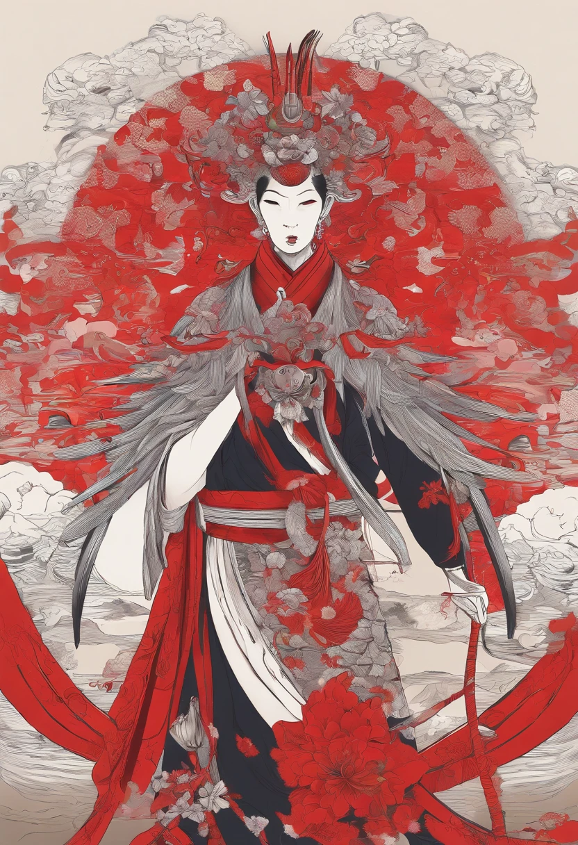 Japanese mythology, Create a Tengu, red mask with long nose, thin and long nose, Japanese straw hats with feathers, 8k, ultra realism, cinematic