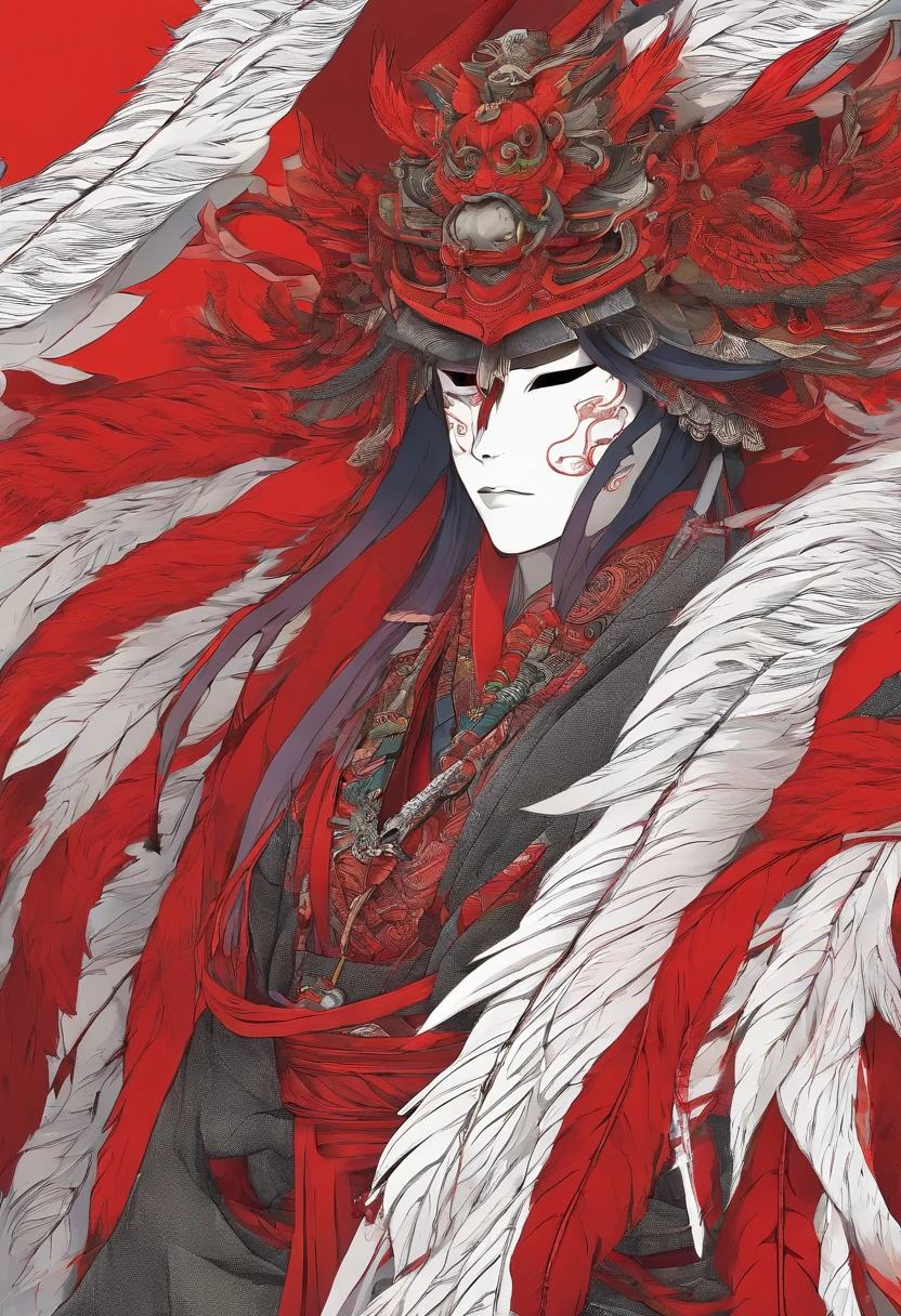 Japanese mythology, Create a Tengu, red mask with long nose, thin and long nose, Japanese straw hats with feathers, 8k, ultra realism, cinematic