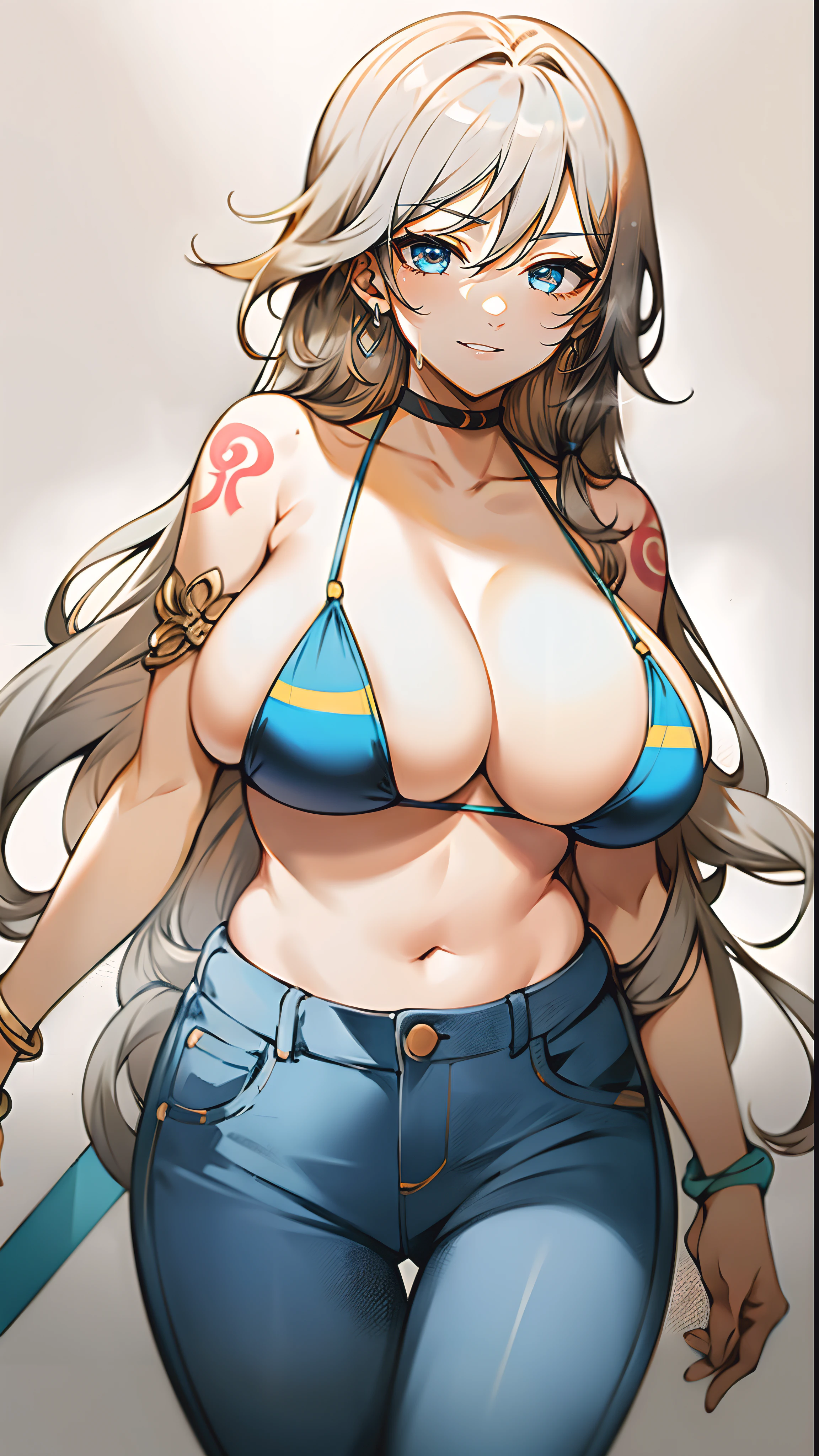 (long hair, grey hair:1.4), (plump:1.2), breast press, breasts, 1girl, bikini, swimsuit, jewelry, earrings, navel, pants, denim, solo, huge_breasts, bikini_top, cleavage, thigh_gap, jeans, armpits, looking_at_viewer, wide_hips, bracelet, green_bikini, grey_background, tattoo, collarbone, thighs, bangle