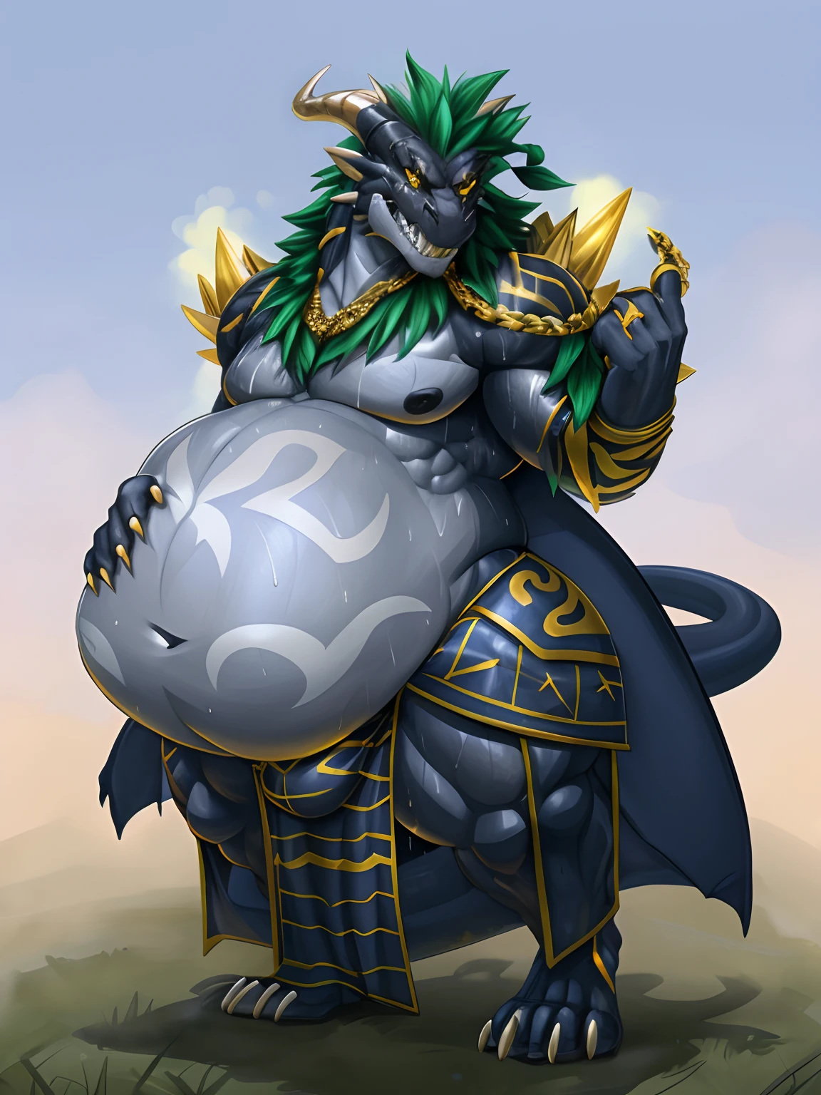 Bulge, black anthro dragon, gold accents, gold stripes, sweating, sweat, ((sweaty belly)), grey belly, fat, growing belly, ((big belly)), (big navel), 3 toes, smirk, white sharp teeth, 2 black niples , yellow eyes, slit black pupil, ((muscle gut)), dragon tail with spikes
