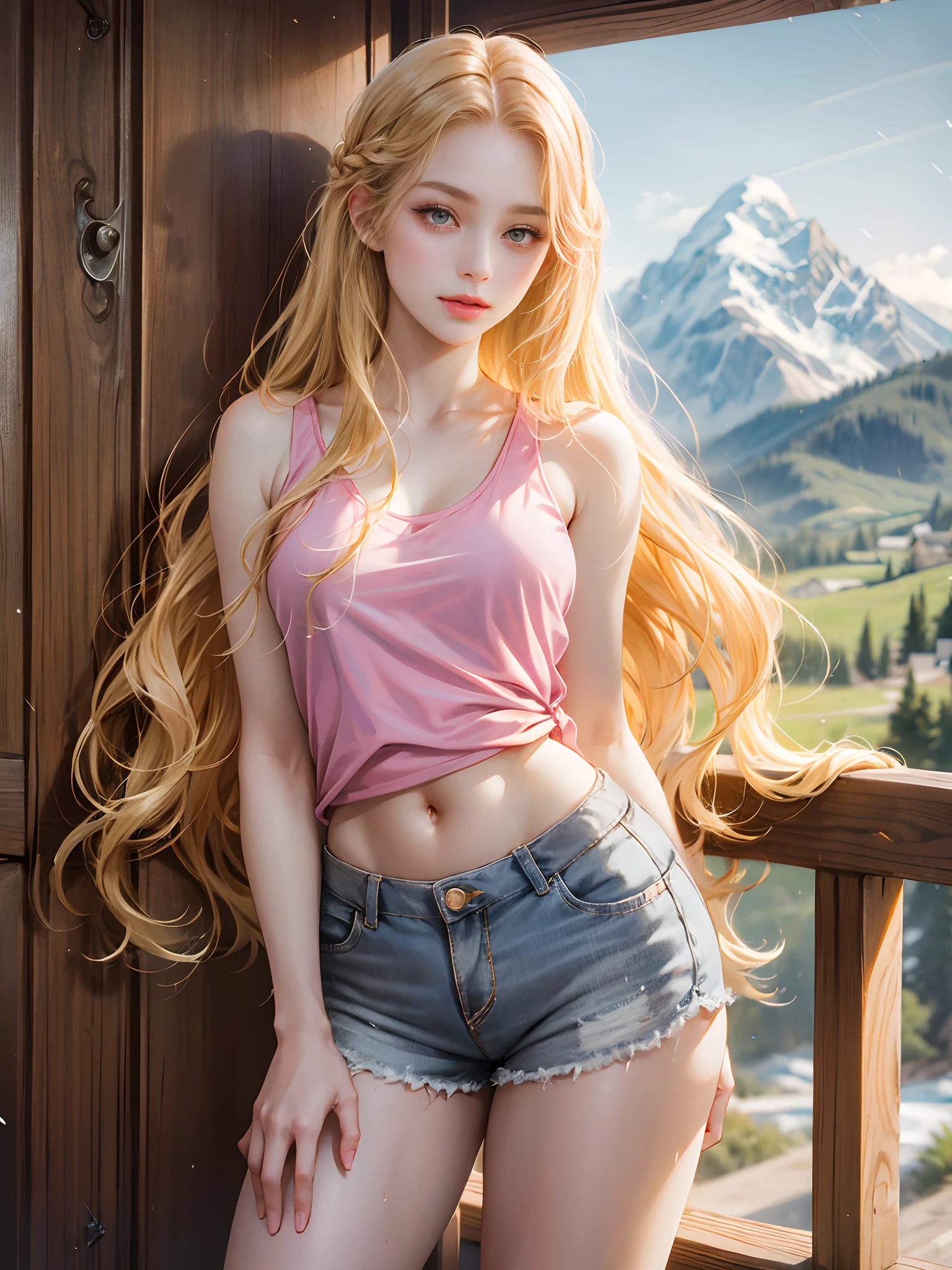 one very beautiful cute young girl, , ((very happy smile )), Embarrassed blush, Beautiful very long shiny blonde straight hair with golden shine, Shiny and very beautiful pure white skin, Very beautiful and cute pale blue detailed eyes, shiny skin, Beautiful cute bright look, Clear double eyelids, beautiful cute big eyes, A perfectly balanced face. Elf ears.