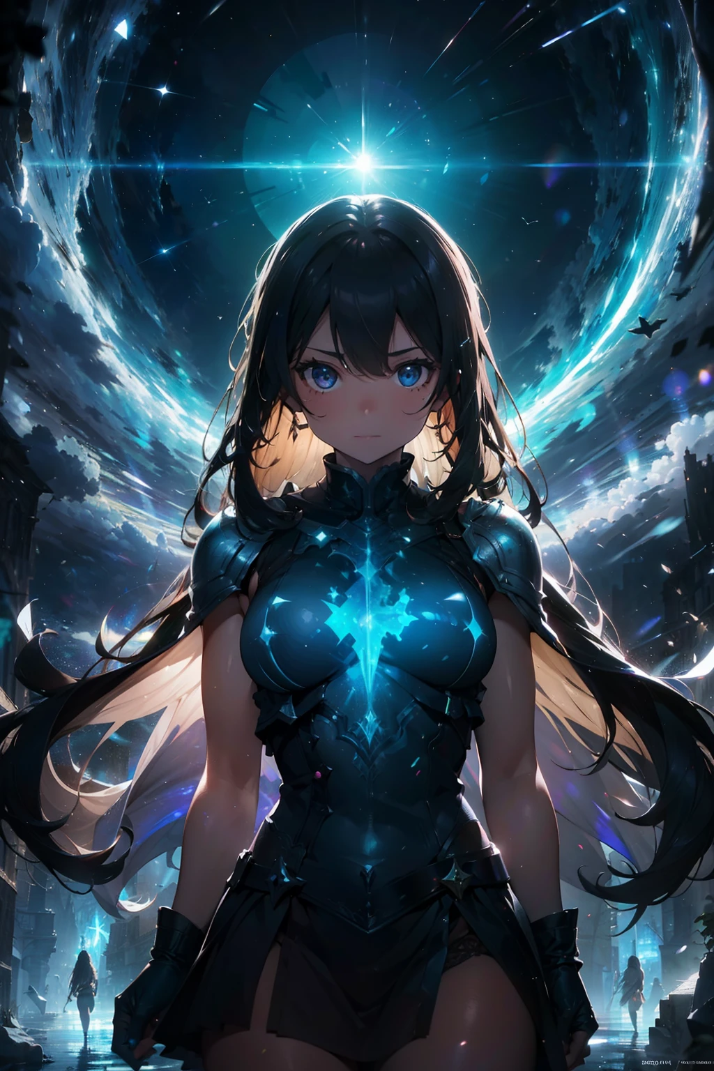 Delicate Composition, masterpiece, hyper detailed, best quality, extreme detailed,(2d:1.3),illustration,
fussion of abstract and glitch art, 1 girl, solo, iridescent hair, flat chest, (blouse:0.8), (double exposure:1.2), glitch hair, fussion of glitch and hair,