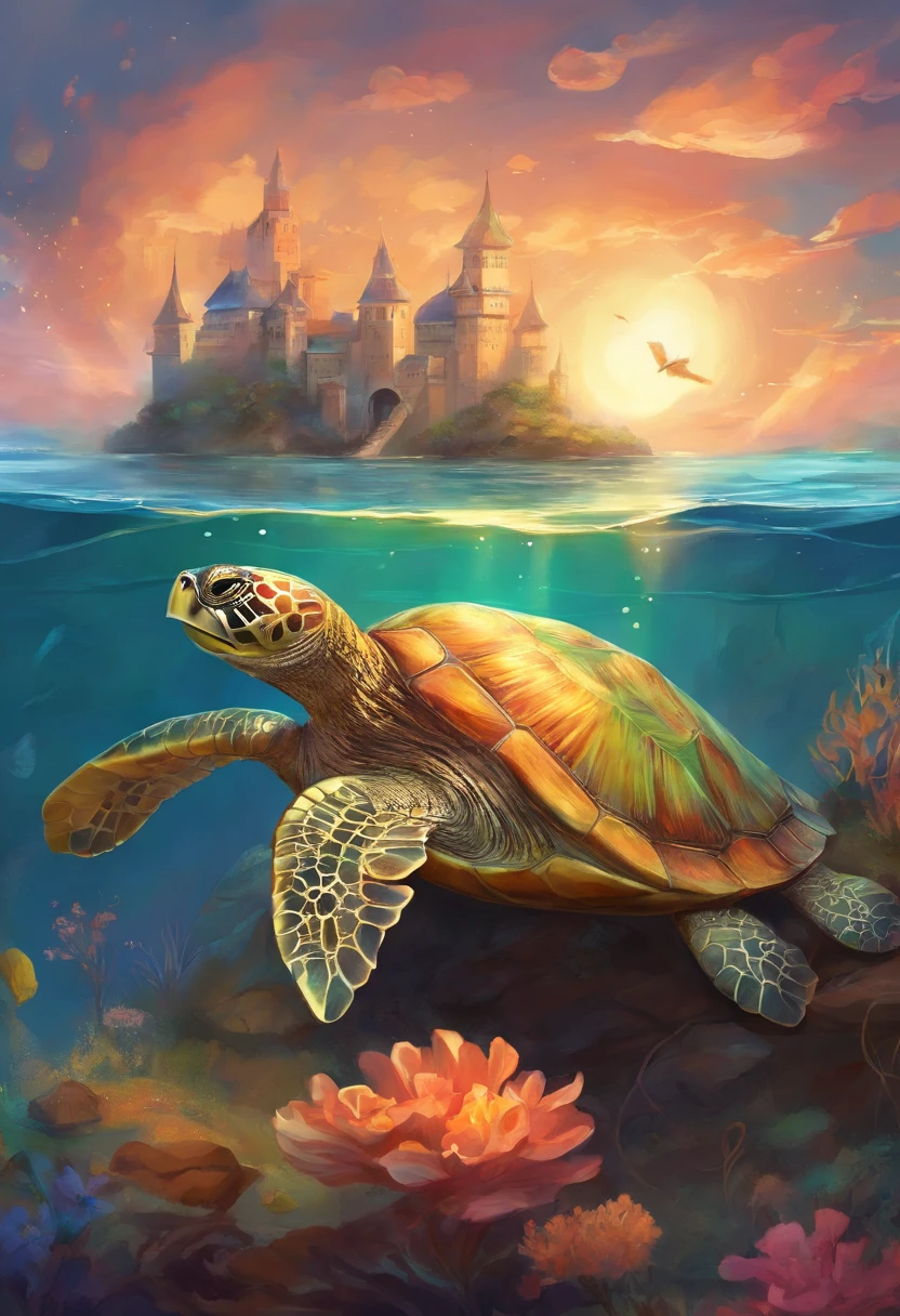 There are turtles,Has a cute cat face swimming in the sea, The cat's face is cute, With tortoise shell, diving underwater,