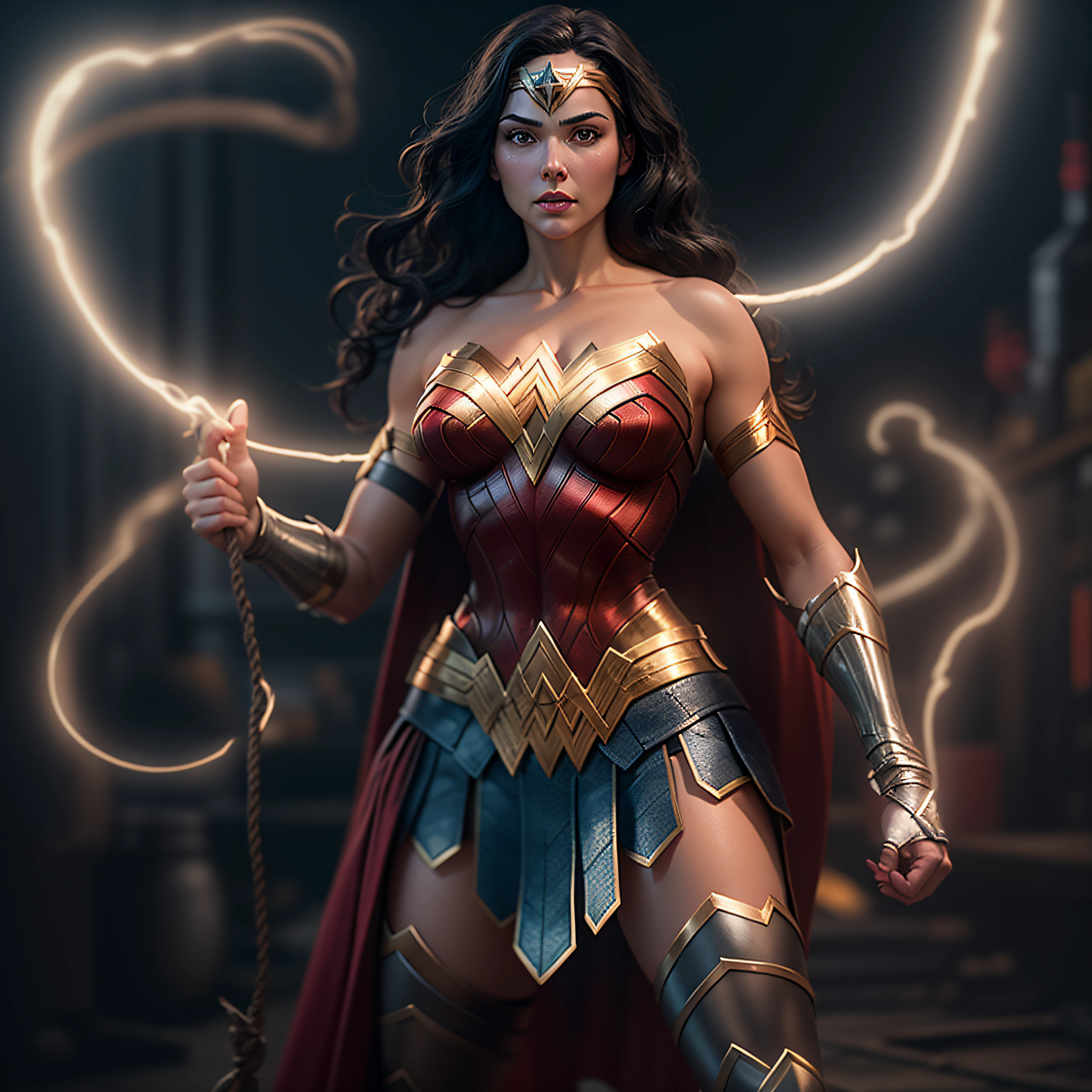 Wonder Woman with her glowing Lasso of Truth, photo-realistic, octane render, unreal engine, ultra-realistic