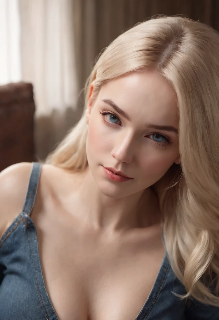 Blonde woman lying on bed,Wearing a black top and blue jeans, IG model | Art germ, realistic shadow perfect body, Android 18, Extremely detailed Artgerm, in the style artgerm, Style Artgerm, Black top, tight costume, in the style of artgerm, skintight black clothes, drawn in the style of artgerm