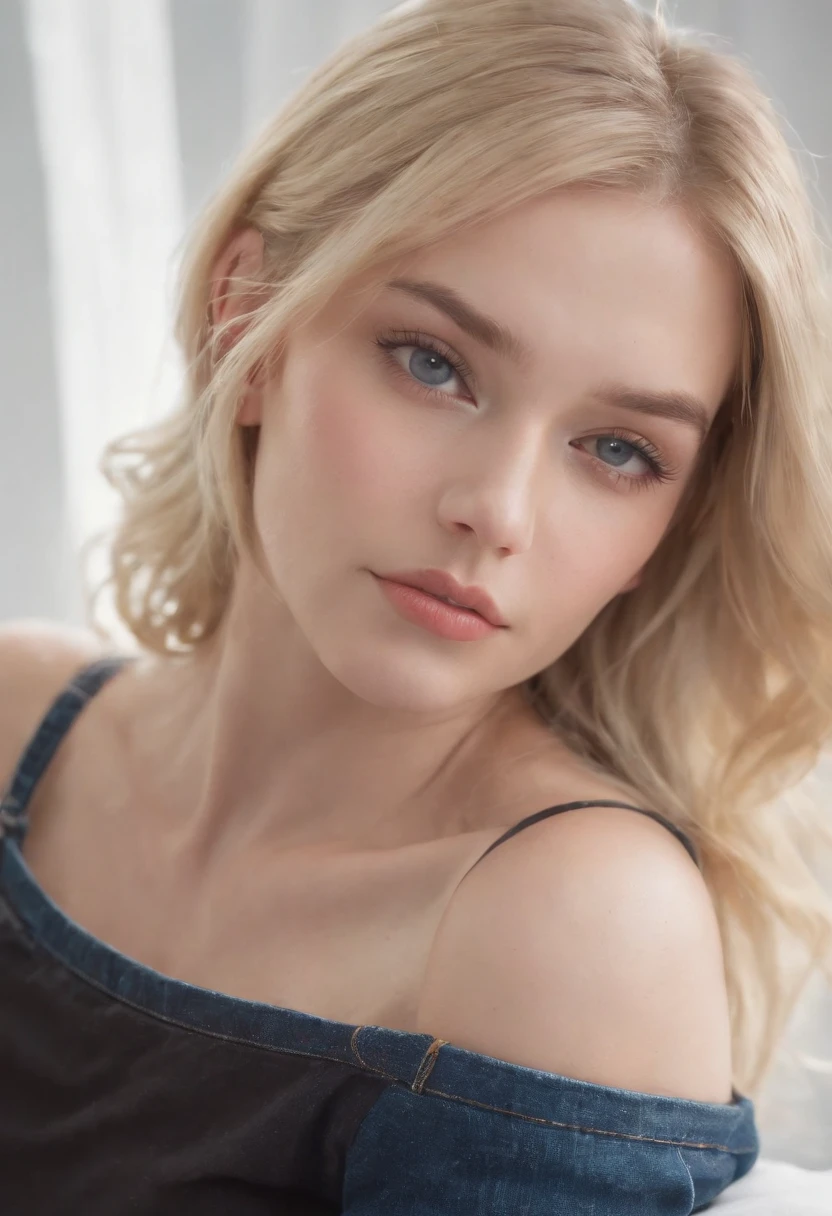 Blonde woman lying on bed,Wearing a black top and blue jeans, IG model | Art germ, realistic shadow perfect body, Android 18, Extremely detailed Artgerm, in the style artgerm, Style Artgerm, Black top, tight costume, in the style of artgerm, skintight black clothes, drawn in the style of artgerm