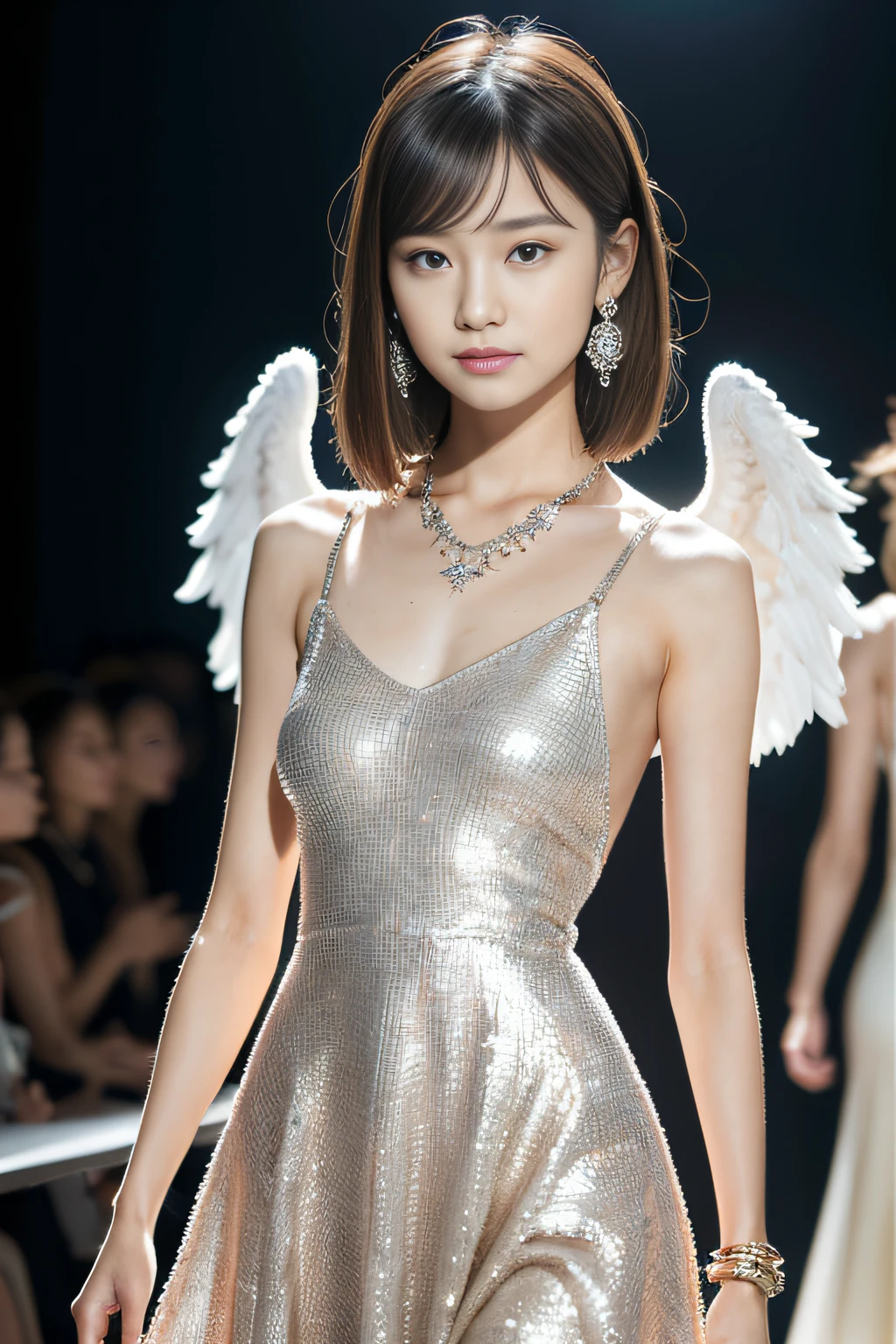 (A very beautiful and cute girl with a gentle expression), (Masterpiece:1.3), (8K, Photorealistic, Raw photography, Best Quality:1.4), (Ultra high Detailed), (Detailed face), Very perfect and beautiful cute face, (Detailed hair), Beautiful hairstyle, bangs, (symmetrical eyes:1.3), (Detailed eyes), cute eyes, (Detailed skin), Realistic skin, Beautiful skin, Ultra high definition, medium breasts:0.8, slim figure, (super model figure), gentle smile,
( haute couture intricate Dress with angel wings, inspired by Alexander McQueen and Chloé ), (earrings, necklaces, bracelets),