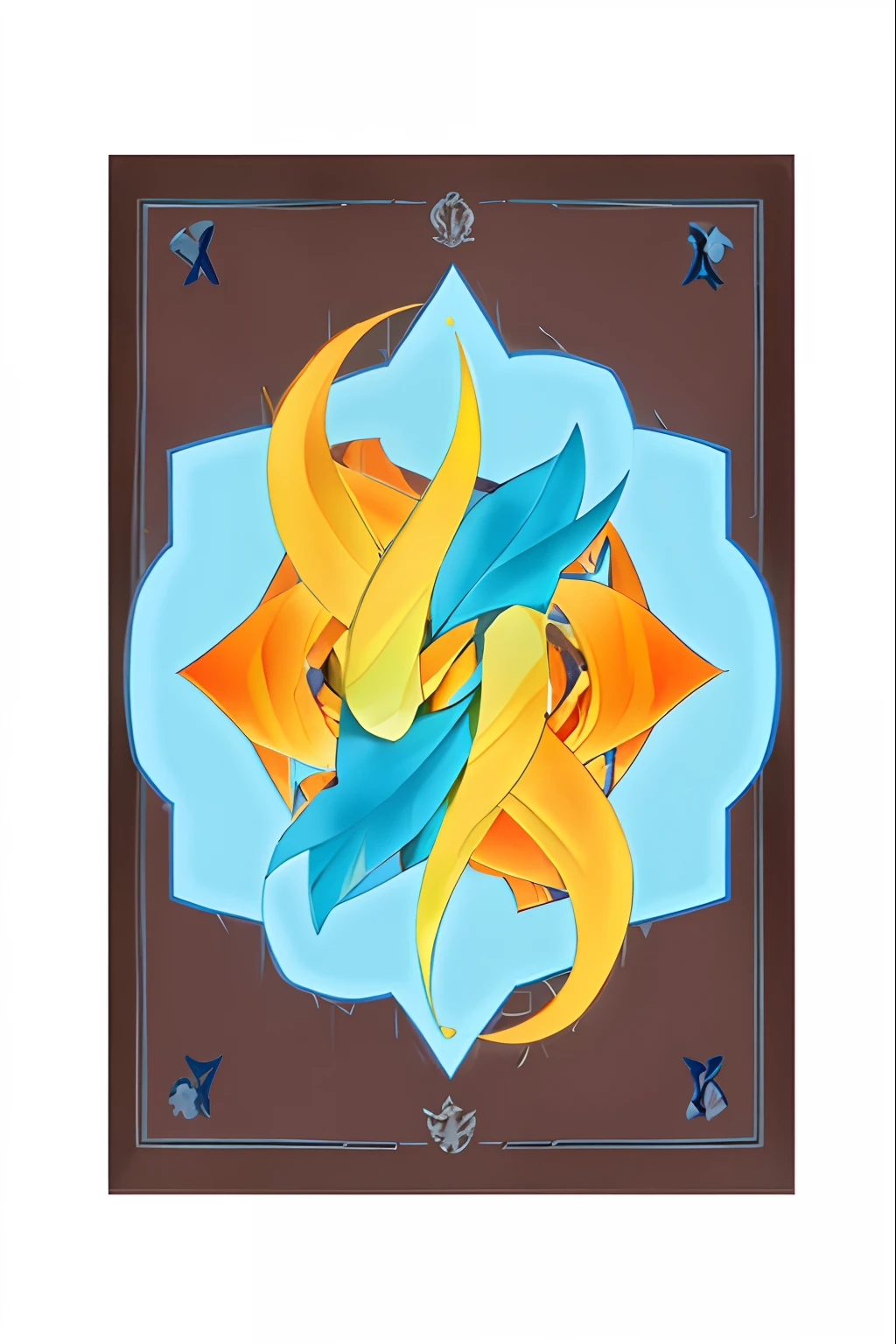 There is a picture of a blue and orange design, fractal tarot card style, symmetrical tarot illustration, symmetrical tarot card, Created in Adobe Illustrator, made in adobe illustrator, tarot design, Center in the panel, Kazakh, tarot design, shield design, made with illustrator, fantasy game spell symbol, symmetrical design, full card design, Vector graphics, book cover