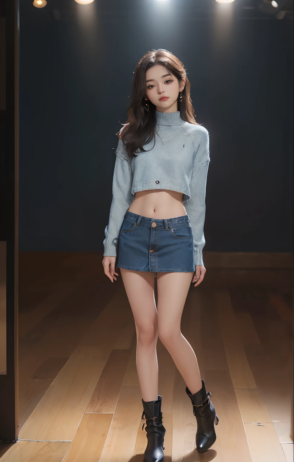 ((masuter piece:1.3)、(8K、Photorealsitic、Raw photography、top-quality: 1.4)、(1girl in)、Beautiful expression、(Lifelike face)、(A dark-haired、long)、 Beautiful hairstyle、realisticeyes、Beautiful details、（real looking skin）、Beautiful skins、absurderes、enticing、超A high resolution、A hyper-realistic、high-detail、the golden ratio、 ((wide open abdomen))、((open abdomen))、((wide open navel))、((open navel))、((Bare belly))、((Mid-Riff Sweater))、((Ultra-low rise、Denim Mini Skirt))、 ((Navel Ejection))、((small hips))、((long limbs))、((Full body depiction))、((small  hip))、(boots)、((Ultra-low rise))、((Denim Mini Skirt))、((is standing))、
