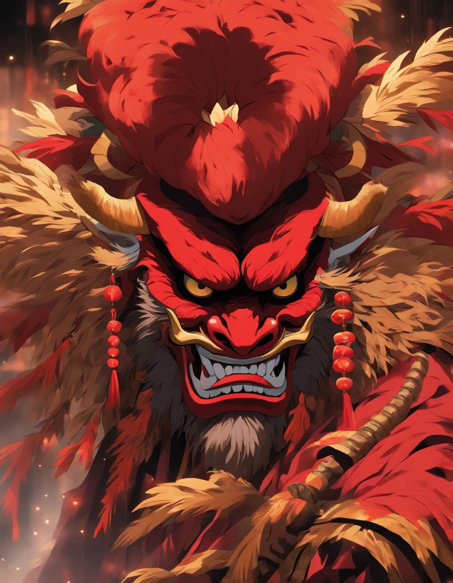 Japanese mythology, Create a Tengu, red mask, thin and long nose, Kaburimono hats, ultra realism, cinematic