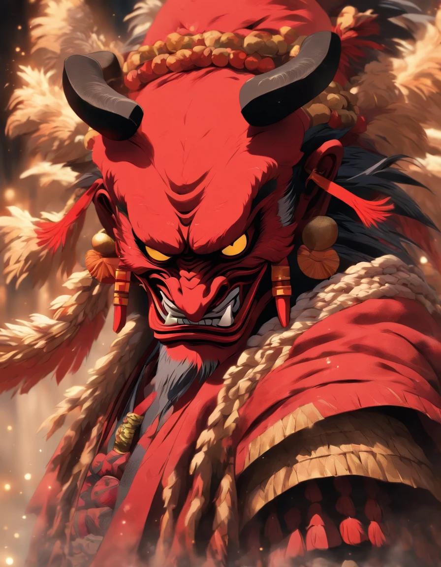 Mitologia japonesa, Criar um Tengu, Red mask with long nose, nariz fino e longo, Japanese straw hats with feathers, 8k, Ultra realismo, cinemactic