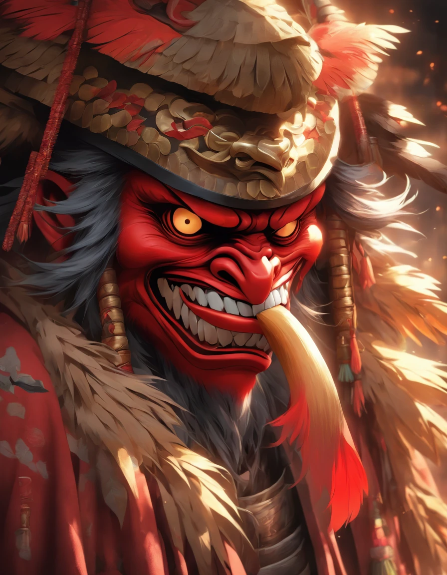 Mitologia japonesa, Criar um Tengu, Red mask with long nose, nariz fino e longo, Japanese straw hats with feathers, 8k, Ultra realismo, cinemactic