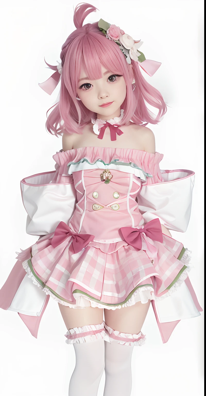 (best quality, master piece), perfect face an body, Chica con vestido rosa con lazo rosa y medias blancas, idol, pink hair, ahoge, hairprin,