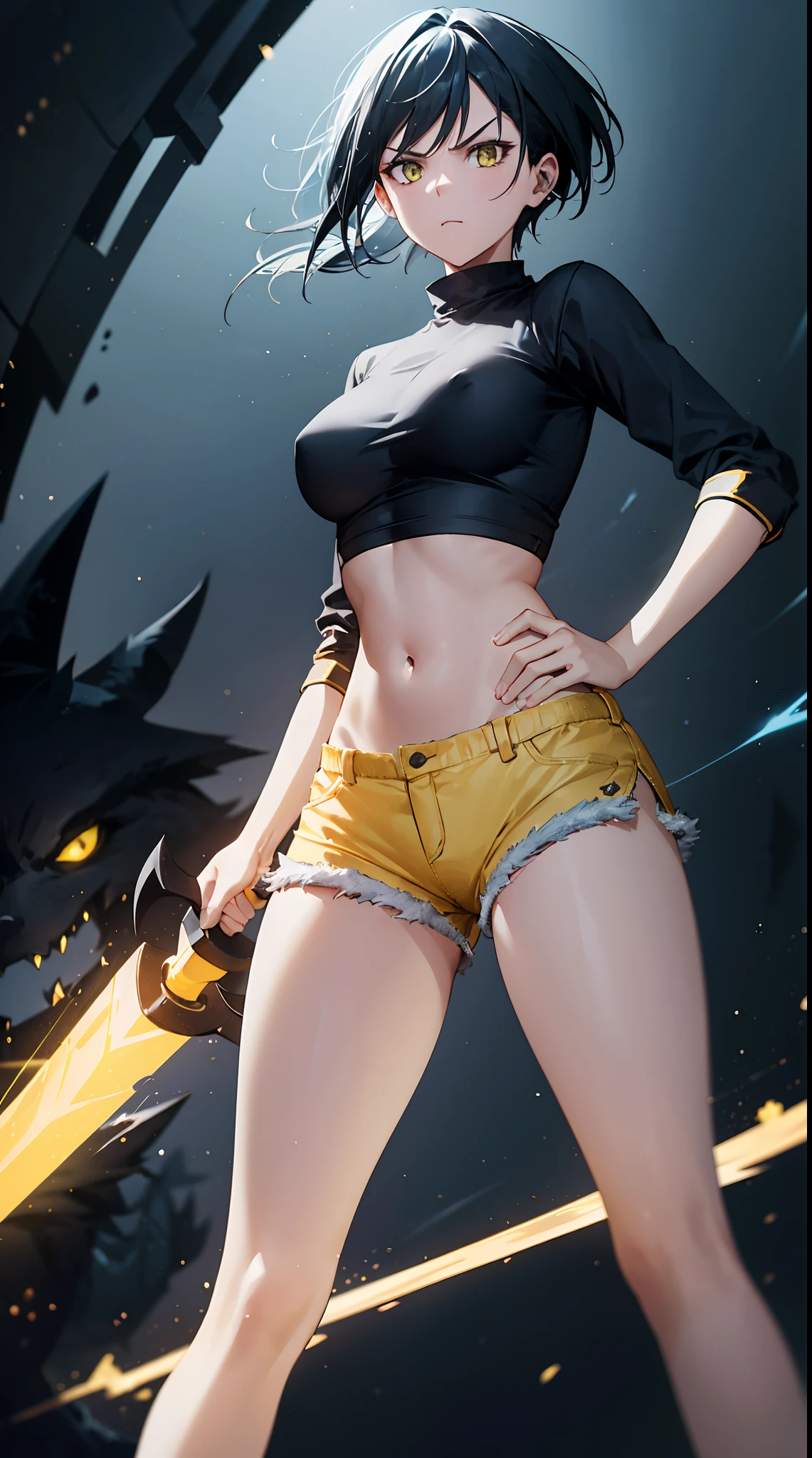 Woman, fight pose, Baddas stare,Hold a yellow sword with a yellow lightning emblem, yellow short wispy Pixie hair, yellow eyes, yellow short shirt, black hotpants jeans, black Jacket sweater ,In the middle of the shirt there is an omega symbol,HD lighting and dark )<=(epic image quality)dark atmosphere with bright particle light(many effects in background)