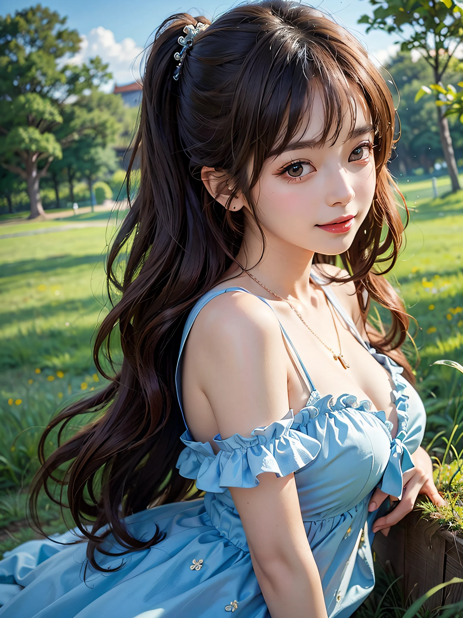(illustratio), (hight resolution), (8k picture), (ighly detailed), (The best illustrations), (beatiful detailed eyes), (top-quality), (ultra-detailliert), (masterpiece), (wall-paper), (详细的脸), 独奏, 1girl in, Brown wavy hair、poneyTail、Colossal tits、Ruffled dresses、huge smile、Blushing cheeks、bangss、Constriction of the lower back、skinny thigh、small ass、Beautiful bangs、Look at your audience、a necklace、耳Nipple Ring、Watching from above、blue open sky、clouds、grass field、Lying in the steppe、