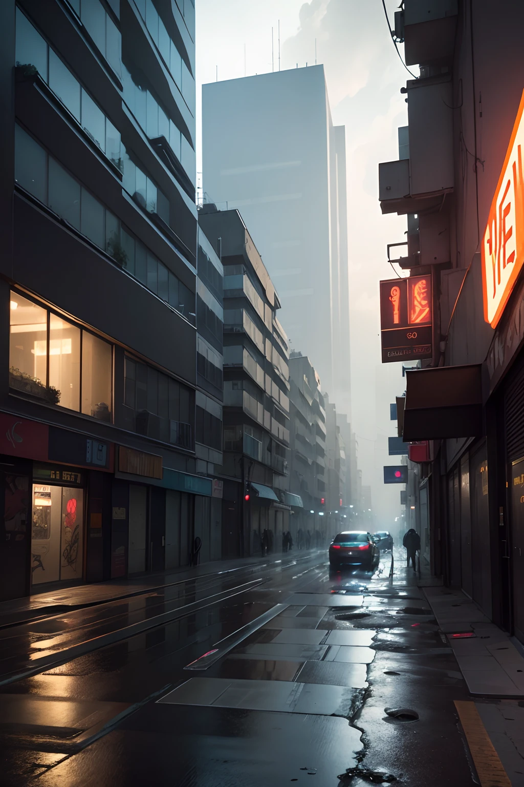 Best quality,4K,8k,high resolucion,Masterpiece:1.2,Ultra-detailed,Realstic,photoreallistic:1.37,impressionnant,Post-apocalyptique,Style cyberpunk, Rue de la ville,animated,neon-lit,graveleux,dystopique,Immeubles de grande hauteur,Hover vehicles,Architecture FUTURISTE,Dilapidated buildings,ruelles sombres,fortes pluies,pluie battante,Lampadaires vacillants,Signes lumineux,Holographic ads,Reflective wet pavement,Abandoned vehicles,Smoke-filled atmosphere,Smog urbain,Cracked concrete,Suspended electrical wires,Garbage piles,rusty metal,murs couverts de graffitis