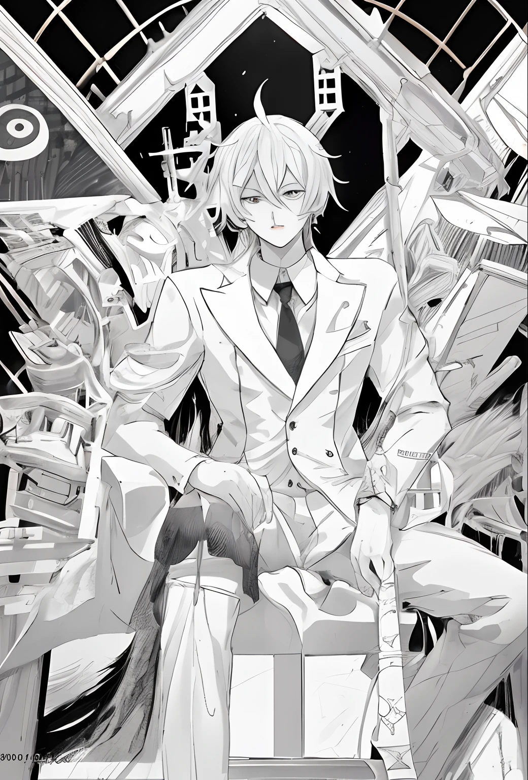 anime - style drawing of a man in a suit sitting on a throne, black and white manga style, monochrome artwork!!, shigenori soejima illustration, black and white manga, detailed key anime art, dapper dream demon, high detailed official artwork, official anime artwork, key anime art, digital art from danganronpa, official art, detailed anime character art, holding a flintlock