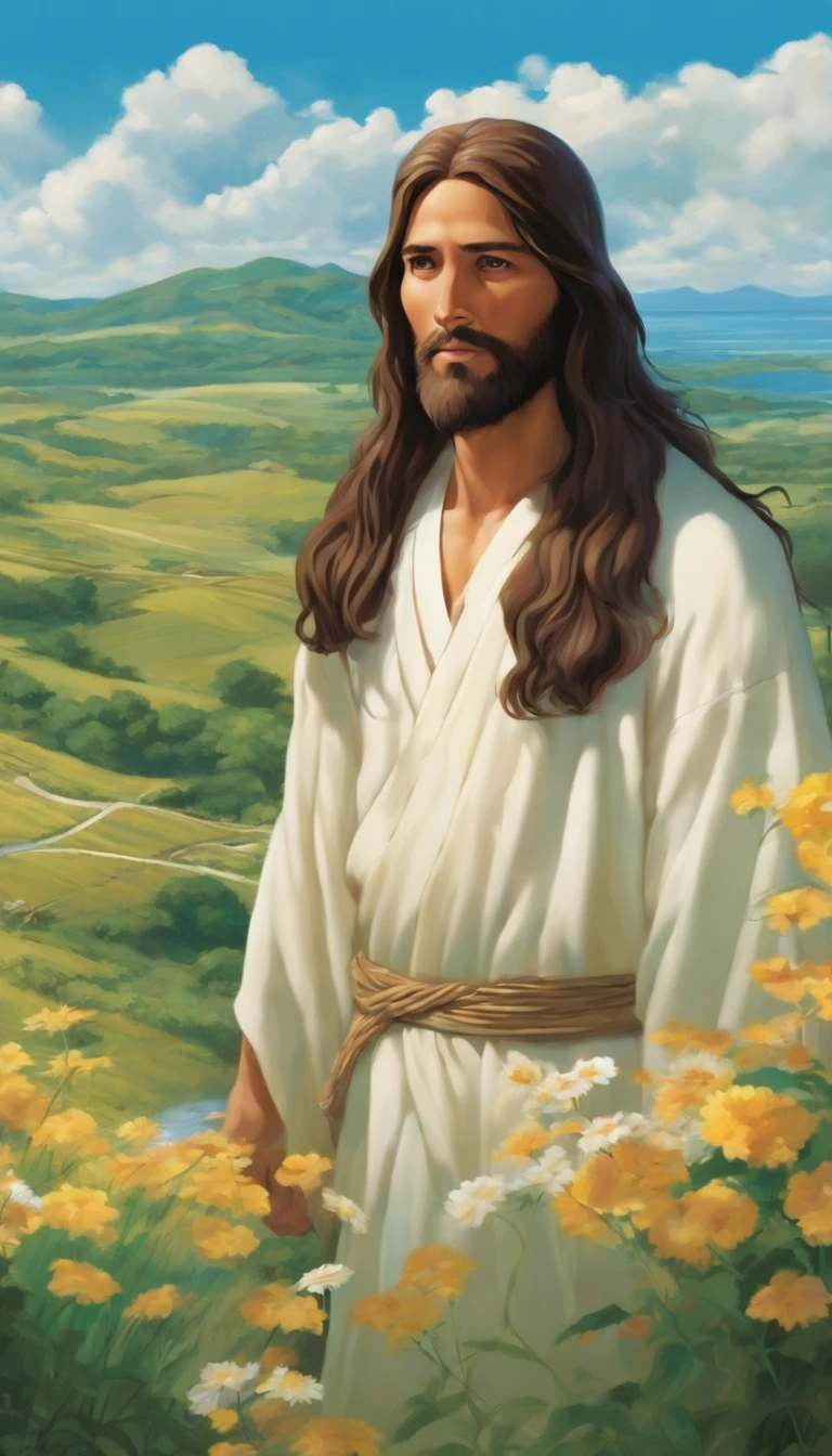 Jesus is a biblical character, Let your imagination run wild with vivid and diverse depictions of these infamous characters, no estilo do Studio Ghibli, Estilo Makoto Shinkai."