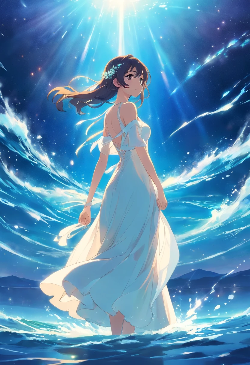 bride of water、White dress、The background is a magnificent universe