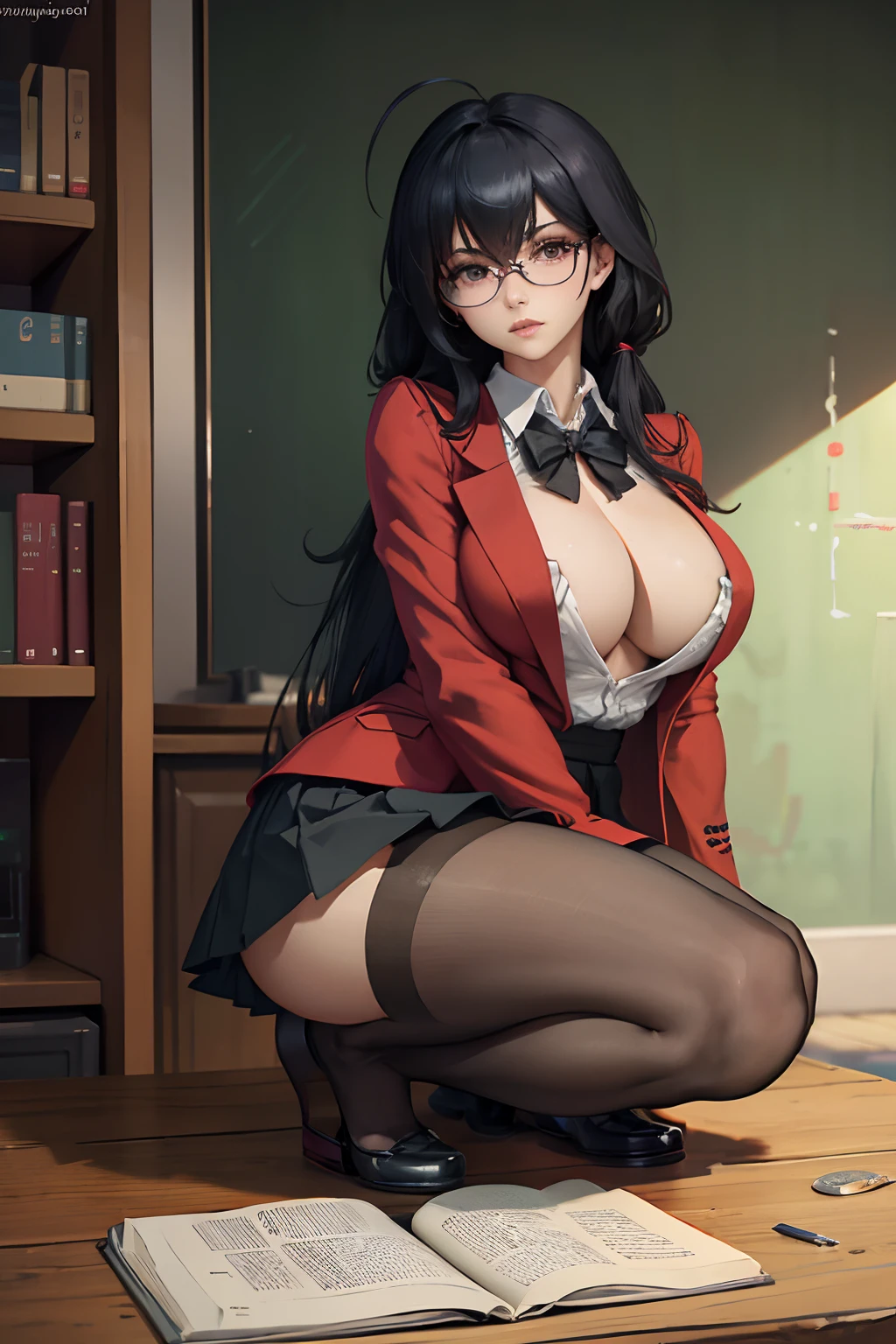 taihousweet, anime - style image of a woman in a skirt and stockings lie down on a table, seductive anime girl, smooth anime cg art, a hyperrealistic school teacher, hyperrealistic office lady, fine details. azur lane, realistic school teacher, (nsfw) not safe for work, on a table, from azur lane, beautiful anime girl squatting, black hair, long hair, large breasts, cleavage, white shirt, open shirt, black skirt, short skirt, black stockings, pantyhose, red jacket, open jacket, blazer, feet, soles, barefoot, beautiful feet, beautiful toes, detailed feet, detailed toes, glasses, wireframe glasses, white panties, seductive anime girl, beautiful detailed eyes, beautiful detailed girl, curvy:1.1, dynamic pose, fashion clothing with diverse colors, full body, (full body shot:1.1), looking at viewer, perfect eyes, perfect face, perfect retina, seductive look, sexy pose, ultra detail face, ultra detail hair, very detailed eyes and face, 8k wallpaper, amazing, ambient occlusion, best quality, CG, cinematic lighting, detailed painting, field of view, fine detail, fluid motion, harmony, (High Quality:1.4), high resolution, huge file size, illustration, interconnected elements, Intricate Details, masterpiece , movie lighting, photorealistic lighting, (photorealistic:1.4), professional artwork, (raw photo:1.2), realistic shadows, reflective art, sharp focus, solo, super detailed, unified, very detailed, (vibrant colors:1.05), vivid lighting, warm and cool color palette, extremely detailed artgerm, trending on artstation pixiv,