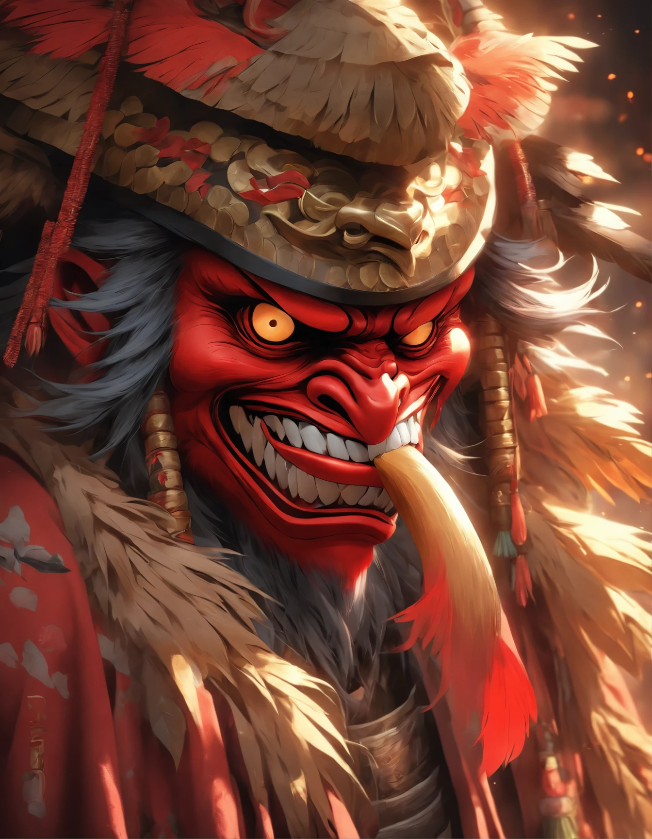 Mitologia japonesa, Criar um Tengu, Red mask with long nose, nariz fino e longo, Japanese straw hats with feathers, 8k, Ultra realismo, cinemactic