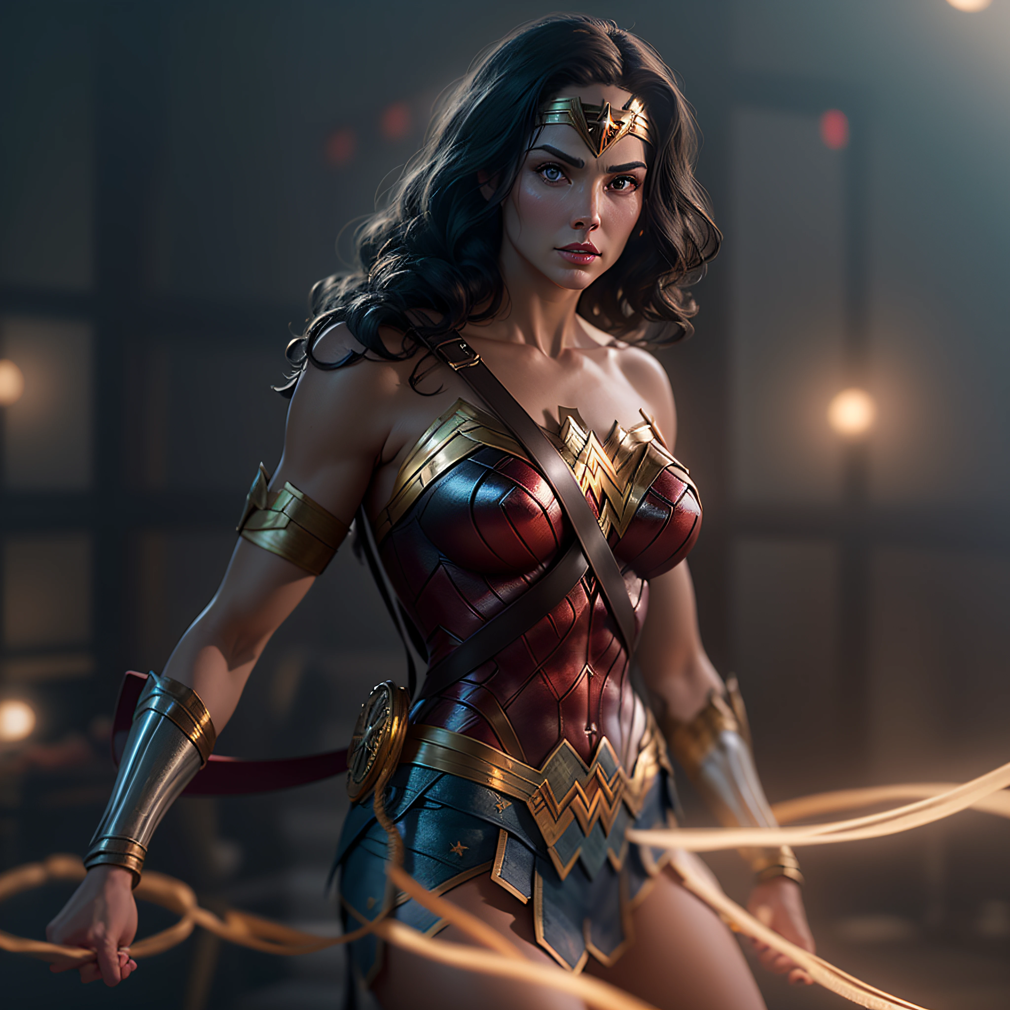 Wonder Woman with her glowing Lasso of Truth, photo-realistic, octane render, unreal engine, ultra-realistic