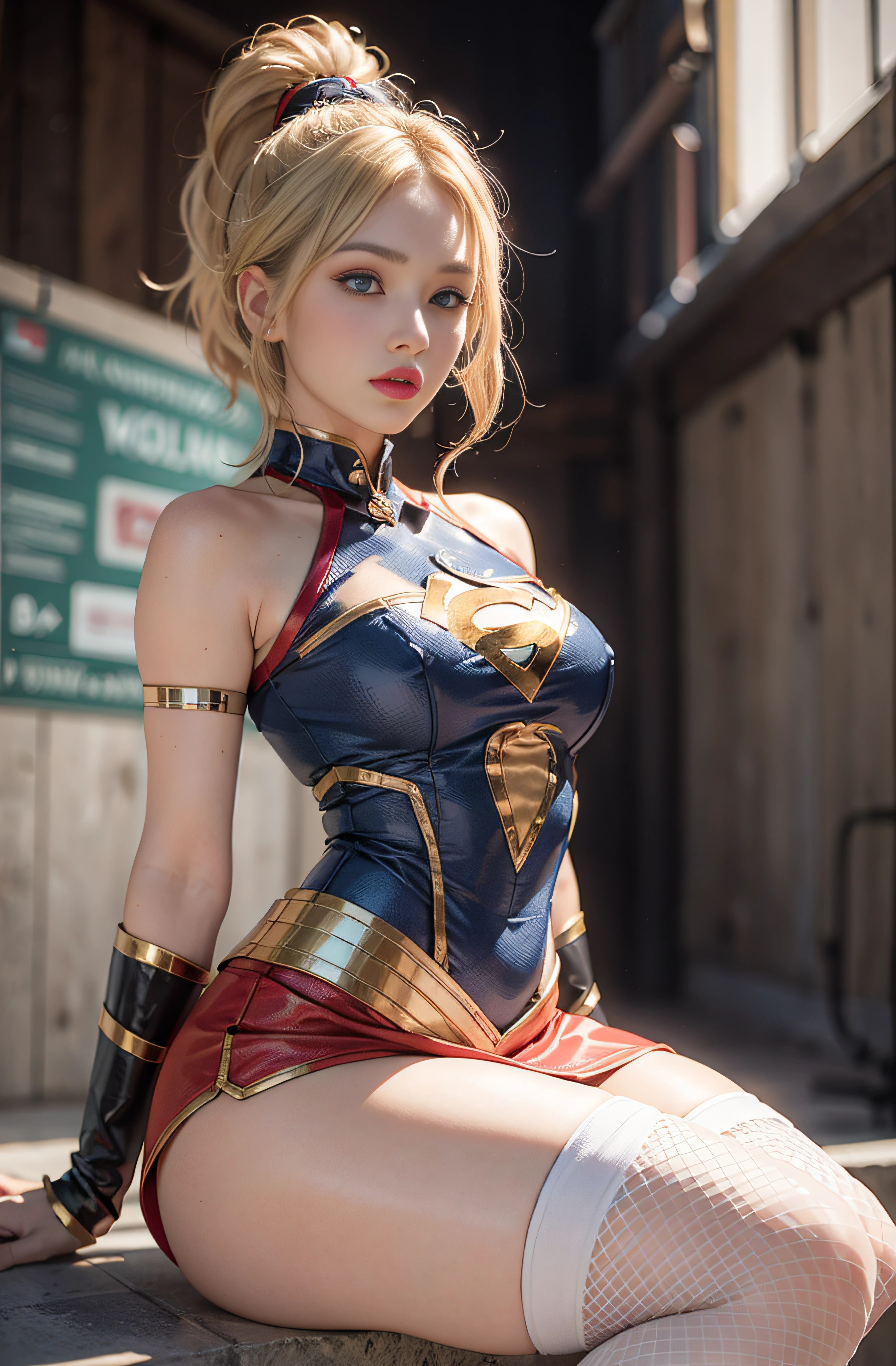 4k, realistic, charismatic, very detailed, there is a girl in the sky, dressed in a super girl costume, she is a super girl, superhero theme, blonde short hair, ponytail, 20 years, full body, (detail in the eyes), (detail in the face), incredibly beautiful, blue eyes, blush, makeup, red lipstick, miniskirt, (wide hips), (thick thighs), small breasts, dress,, seductive pose, (extreme hourglass figure), thin, svelte, white skirt, boots, tight t-shirt