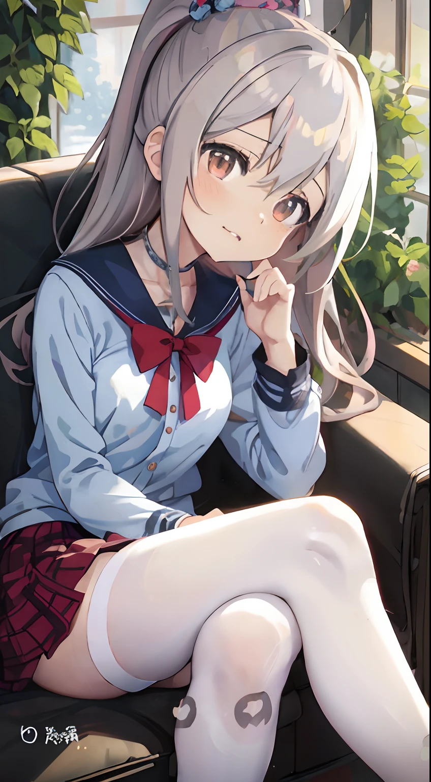Anime girl sitting in chair，legs crossed, anime visual of a cute girl, Beautiful Anime High School Girls, Kantai collection style, Smooth anime CG art, up of young anime girl, Surrealism female students, Cute anime girl, anime best girl, An anime girl, nyaruko-san, pretty anime girl, small curvaceous loli