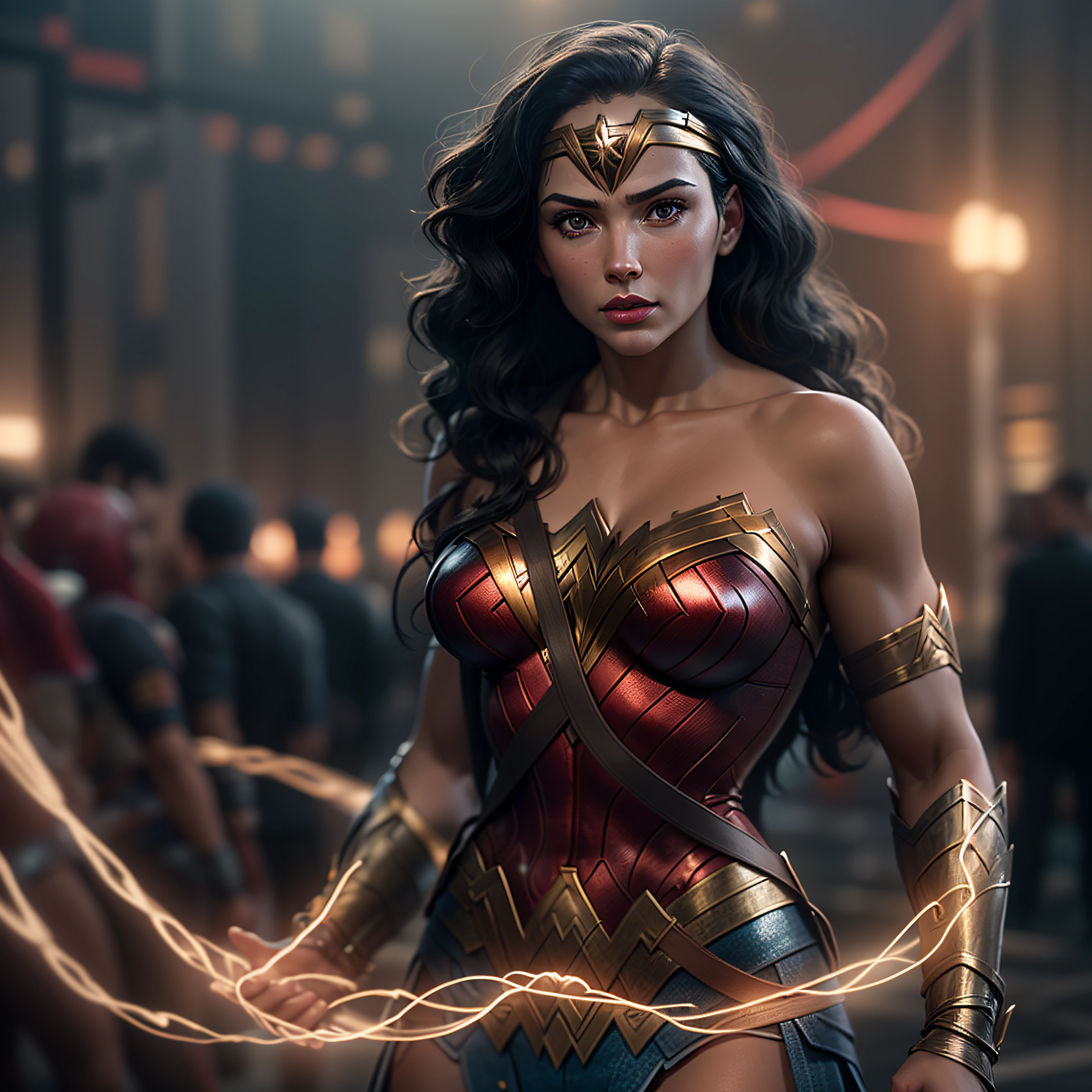 Wonder Woman with her glowing Lasso of Truth, photo-realistic, octane render, unreal engine, ultra-realistic