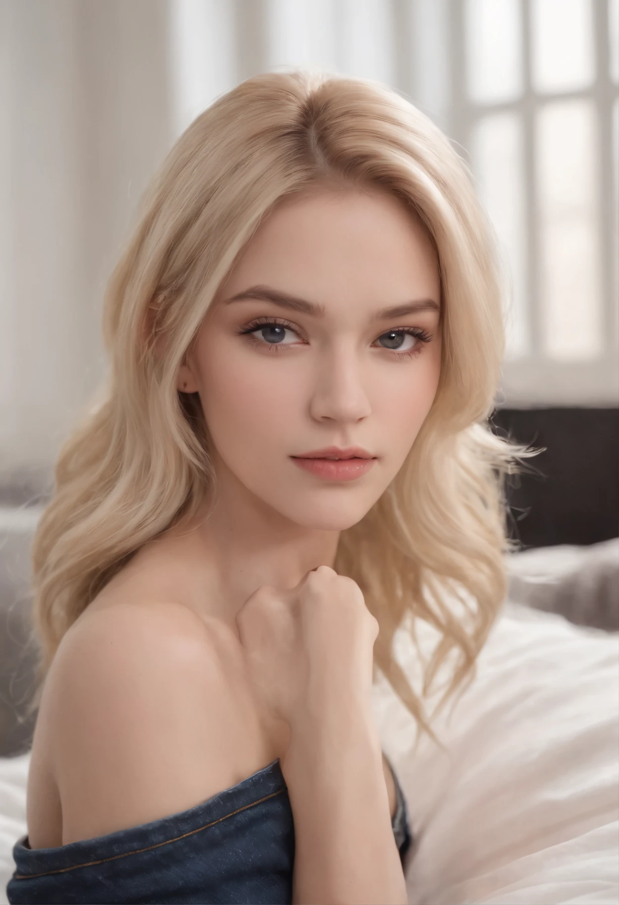 Blonde woman lying on bed,Wearing a black top and blue jeans, IG model | Art germ, realistic shadow perfect body, Android 18, Extremely detailed Artgerm, in the style artgerm, Style Artgerm, Black top, tight costume, in the style of artgerm, skintight black clothes, drawn in the style of artgerm