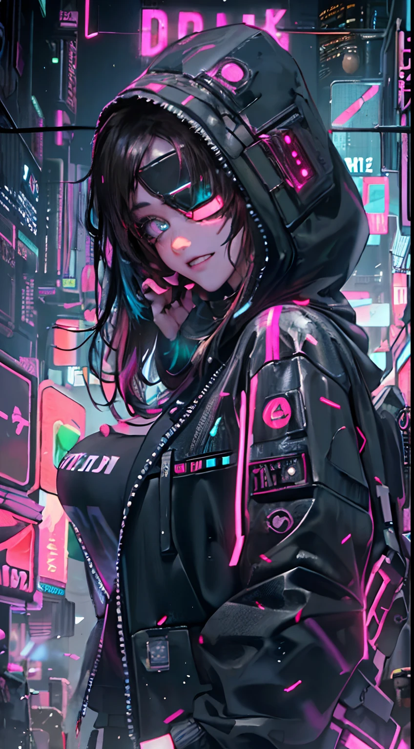 masterpiece, girl alone, solo, incredibly absurd, hoodie, headphones, street, outdoor, rain, neon,