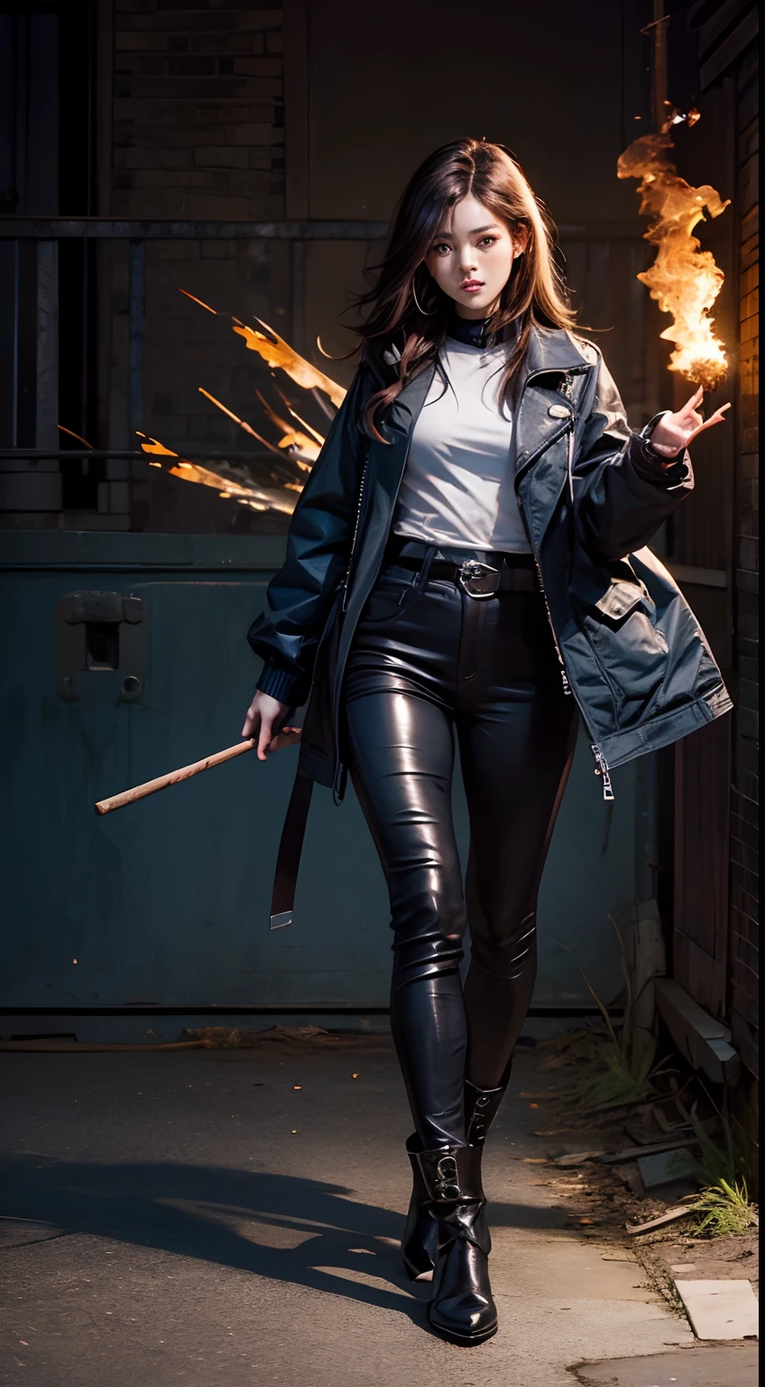 fullbody image。One Beautiful Woman。detailed face depiction。top-quality。Dark brown hair。Has a challenging expression on his face。((stick out one hand、Trying to fire energy bullets)) 8K picture quality。Bluegins on jacket。
