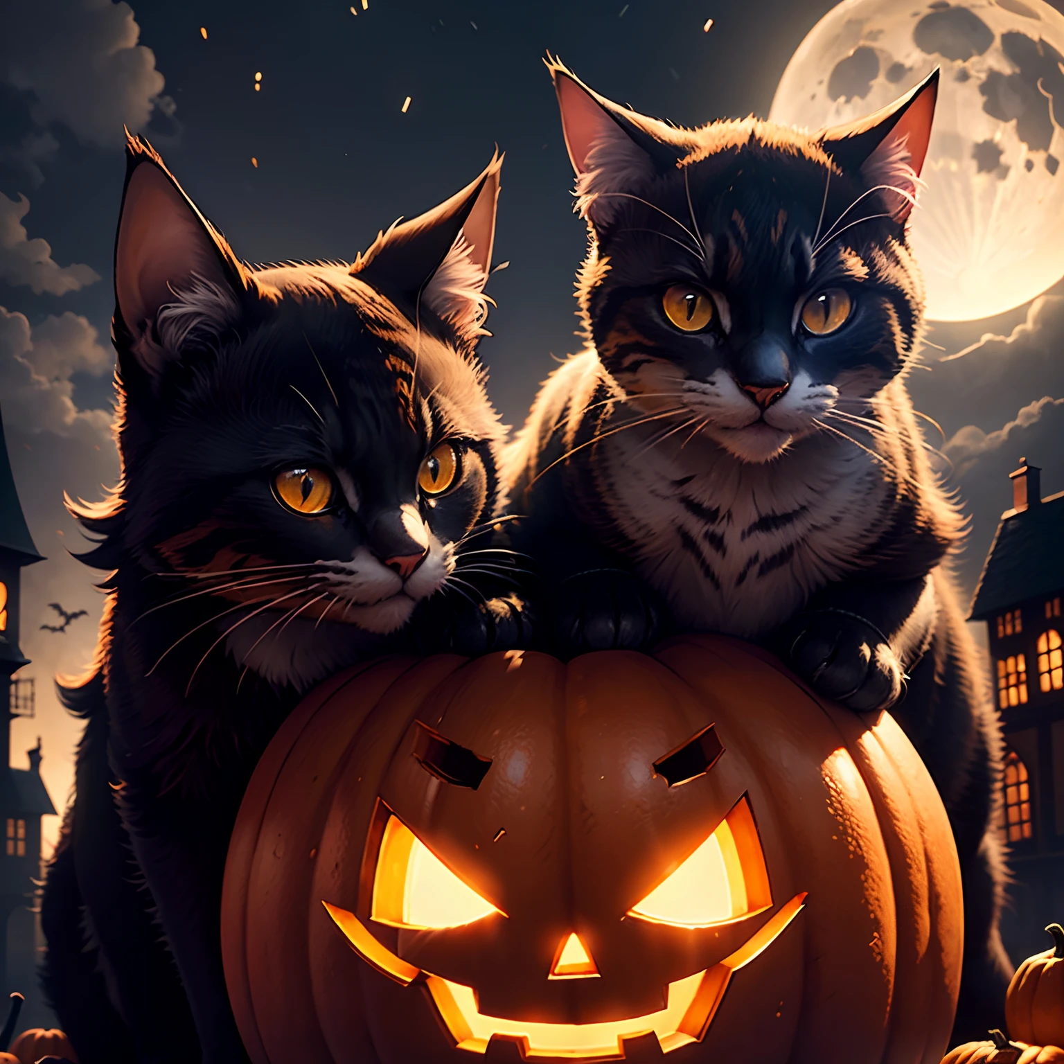 (Unschlagbares Meisterwerk), Halloween, ((Katze)), Pumpkin, ultrarealistische 8K-CG, Perfektes Artwork, great lightning, Bei Nacht, Mond, Nebel, gruselig