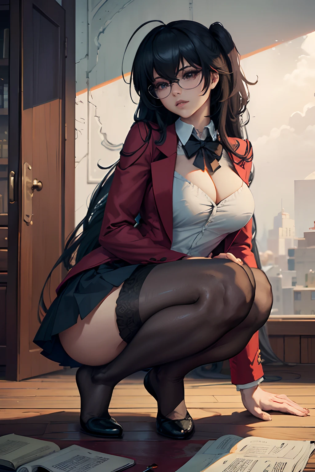 taihourqsmall, anime - style image of a woman in a skirt and stockings lie down on a table, seductive anime girl, smooth anime cg art, a hyperrealistic school teacher, hyperrealistic office lady, fine details. azur lane, realistic school teacher, (nsfw) not safe for work, on a table, from azur lane, beautiful anime girl squatting, black hair, long hair, large breasts, cleavage, white shirt, open shirt, black skirt, short skirt, black stockings, pantyhose, red jacket, open jacket, blazer, feet, soles, barefoot, beautiful feet, beautiful toes, detailed feet, detailed toes, glasses, wireframe glasses, white panties, seductive anime girl, beautiful detailed eyes, beautiful detailed girl, curvy:1.1, dynamic pose, fashion clothing with diverse colors, full body, (full body shot:1.1), looking at viewer, perfect eyes, perfect face, perfect retina, seductive look, sexy pose, ultra detail face, ultra detail hair, very detailed eyes and face, 8k wallpaper, amazing, ambient occlusion, best quality, CG, cinematic lighting, detailed painting, field of view, fine detail, fluid motion, harmony, (High Quality:1.4), high resolution, huge file size, illustration, interconnected elements, Intricate Details, masterpiece , movie lighting, photorealistic lighting, (photorealistic:1.4), professional artwork, (raw photo:1.2), realistic shadows, reflective art, sharp focus, solo, super detailed, unified, very detailed, (vibrant colors:1.05), vivid lighting, warm and cool color palette, extremely detailed artgerm, trending on artstation pixiv,