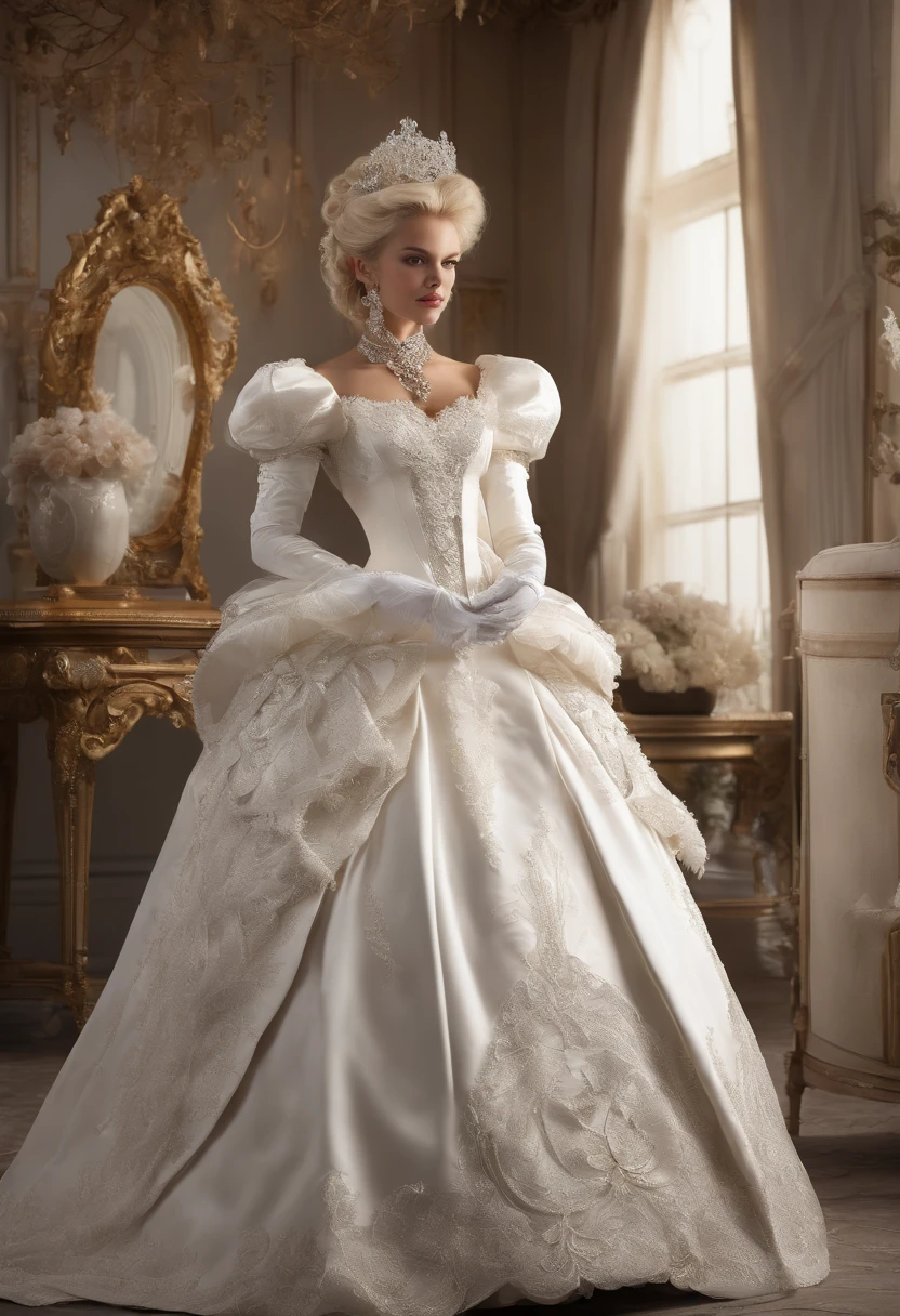 A stunningly beautiful blonde fairytale Princess shining with Royal Pomp and Regal Splendor, wearing a Stately and (((Elaborate))) Royal Cinderella Wedding Dress of Silver and White Brocade, with (((enormous puffed sleeves))) a stiffly boned, padded and corseted bodice, an hourglass waist, a (((huge crinoline hoopskirt))) and (((bustle))), adorned with ribbons, bows, roses, lace, ruffles, frills, embroidery, and jewels, elaborately curled and styled hair, long white gloves, pearl and diamond necklace and earrings